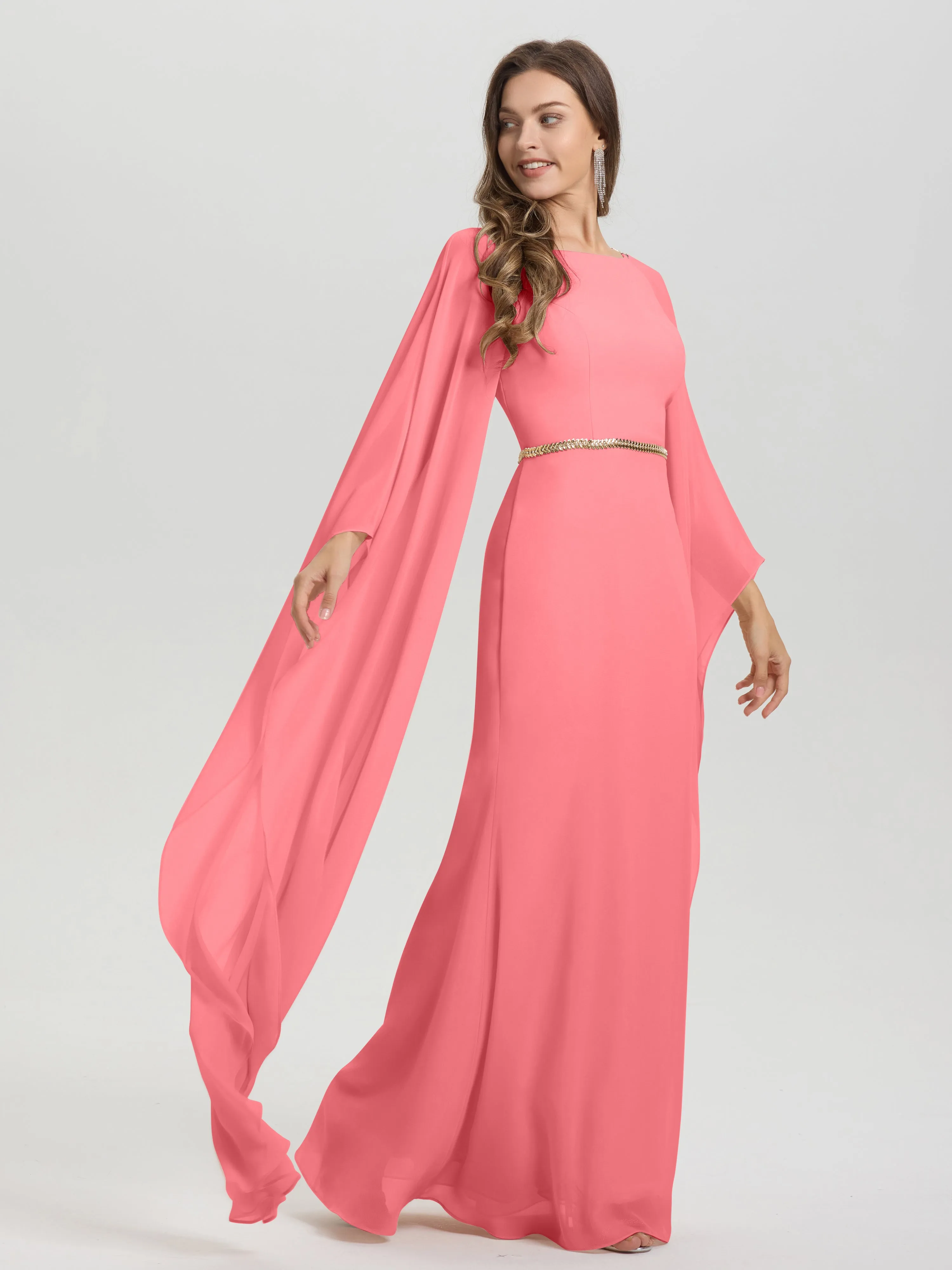 Jewel Floor Length Long Sleeves Chiffon Bridesmaid Dresses With Belt