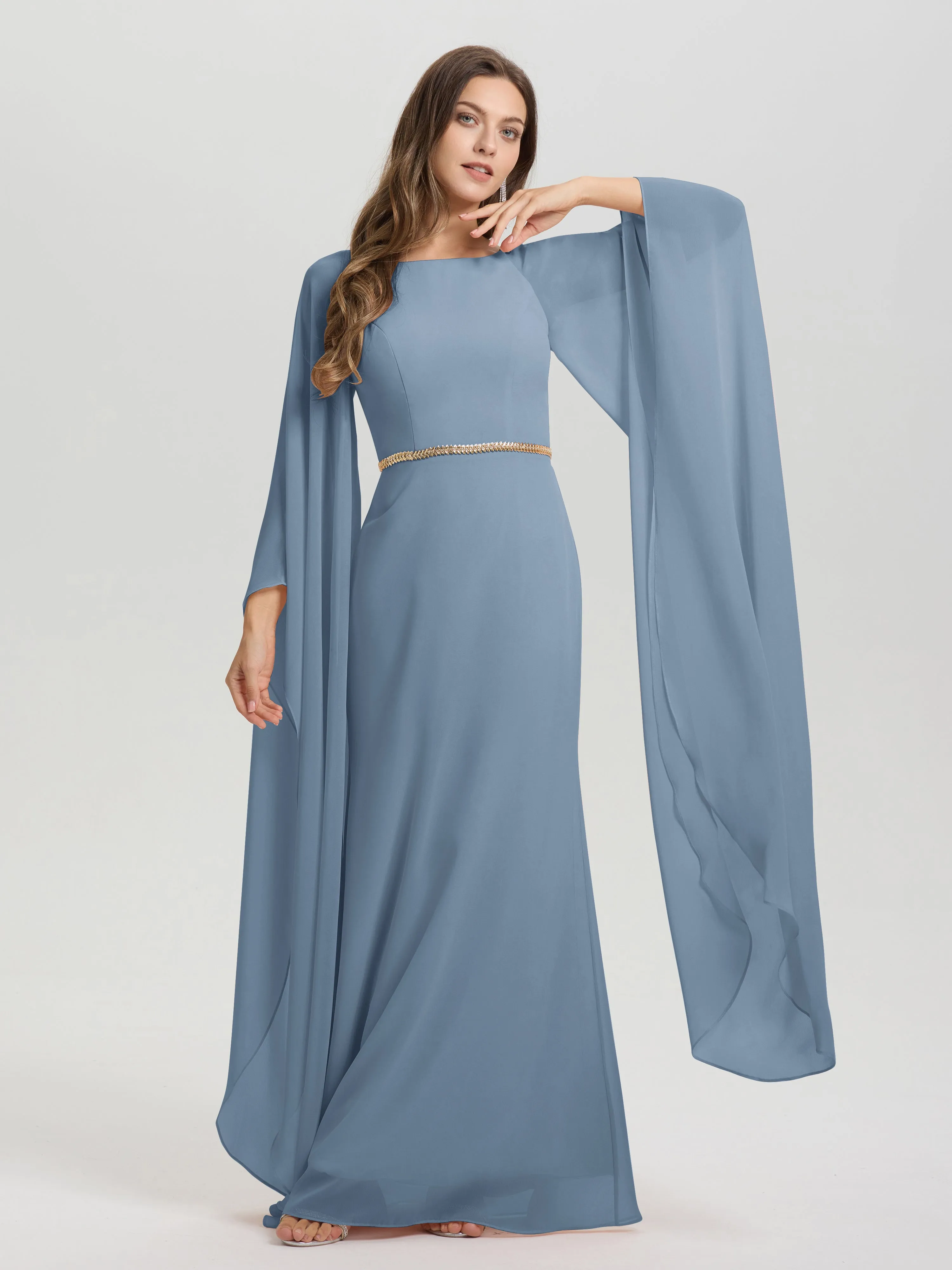 Jewel Floor Length Long Sleeves Chiffon Bridesmaid Dresses With Belt