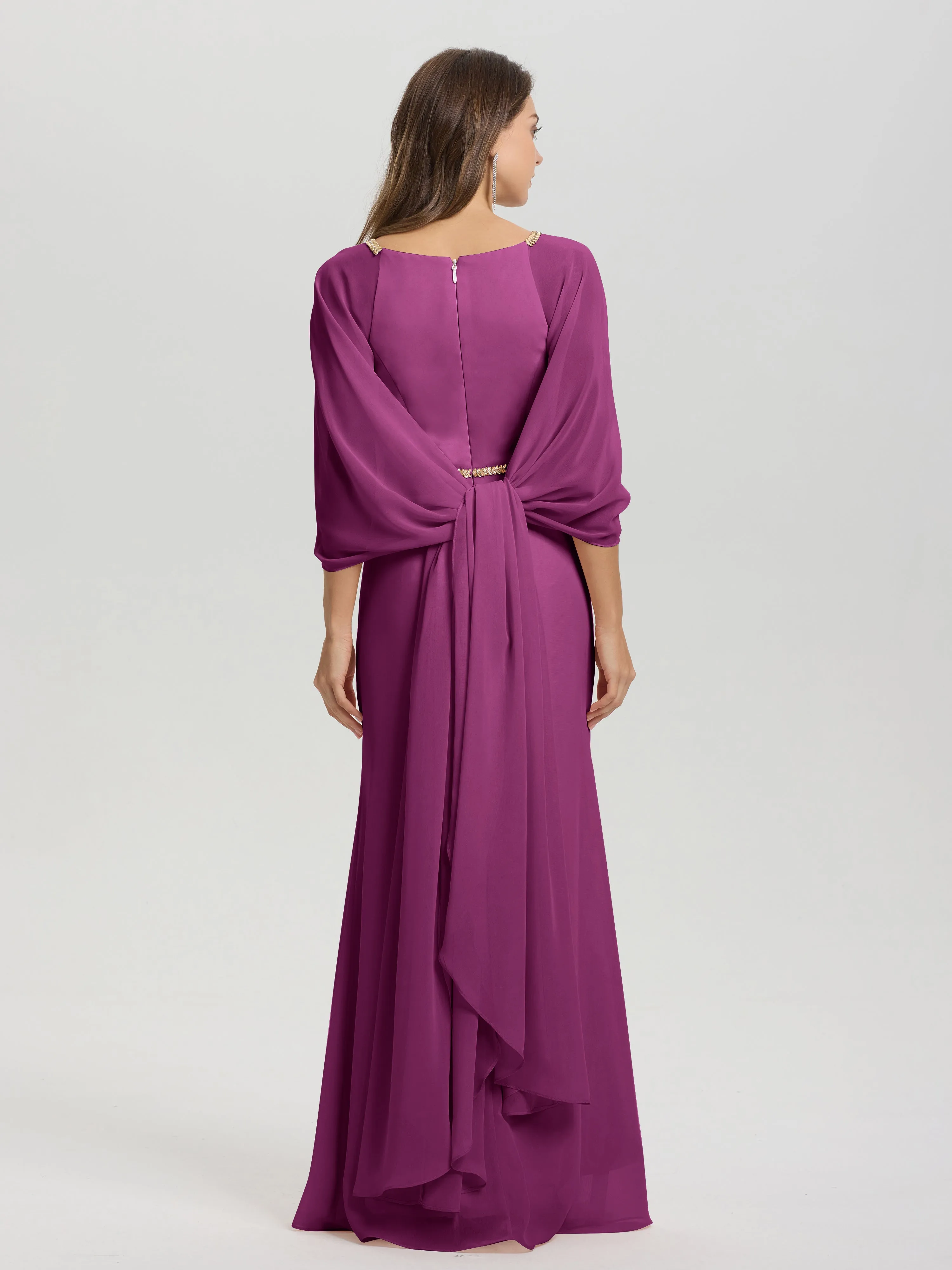 Jewel Floor Length Long Sleeves Chiffon Bridesmaid Dresses With Belt