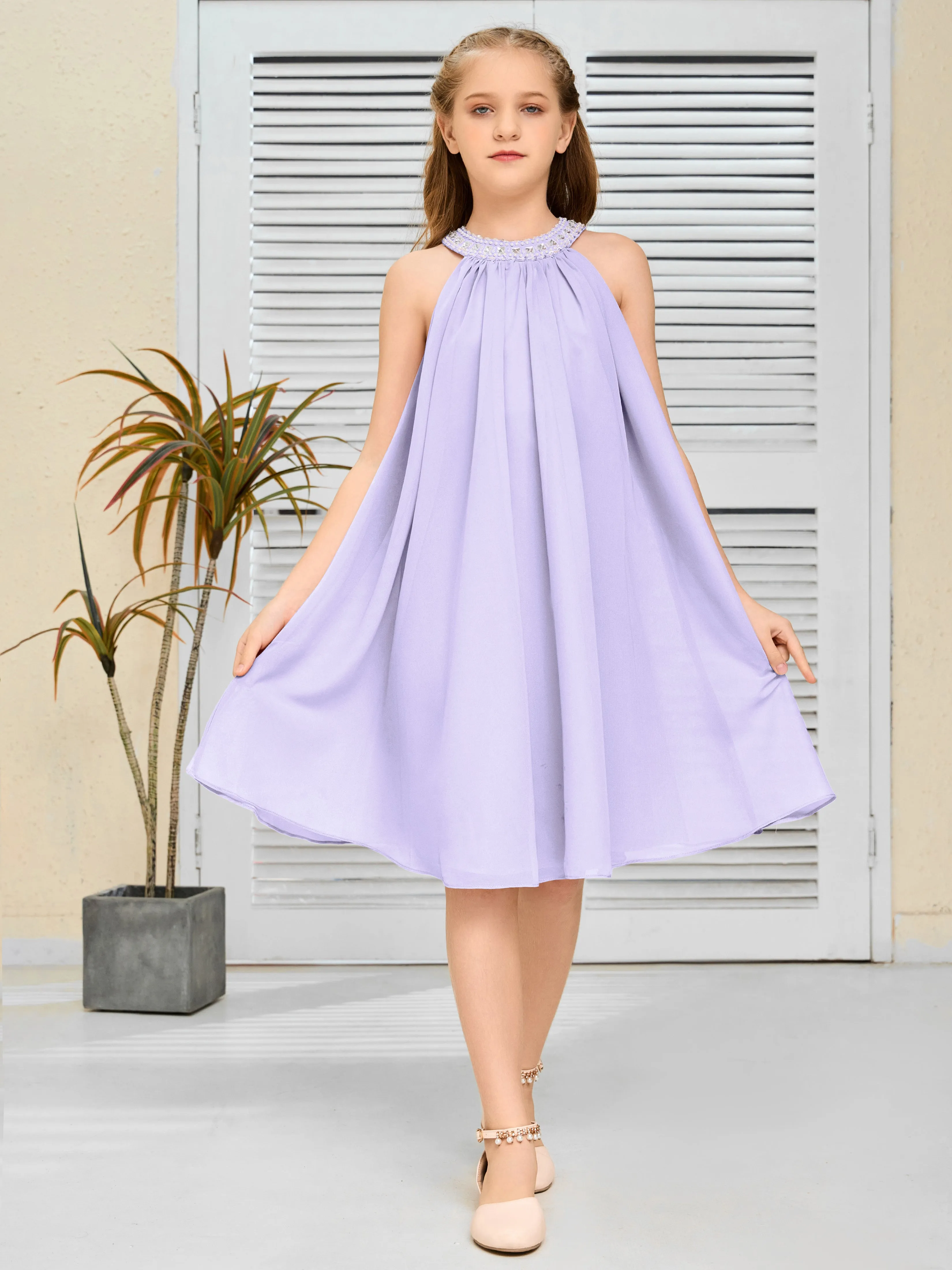 Jewel Knee Length Chiffon Junior Bridesmaid Dress With Beading