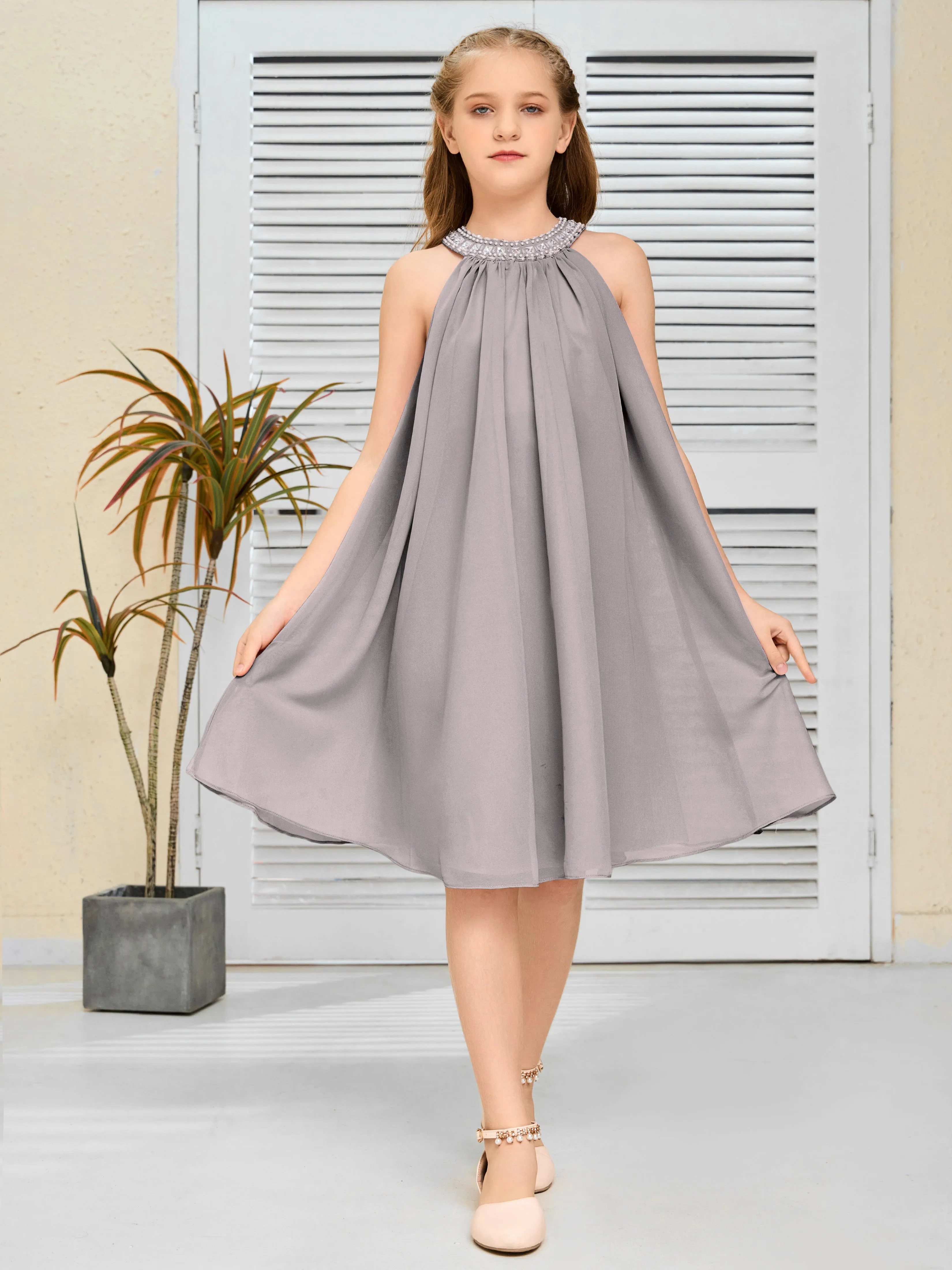 Jewel Knee Length Chiffon Junior Bridesmaid Dress With Beading