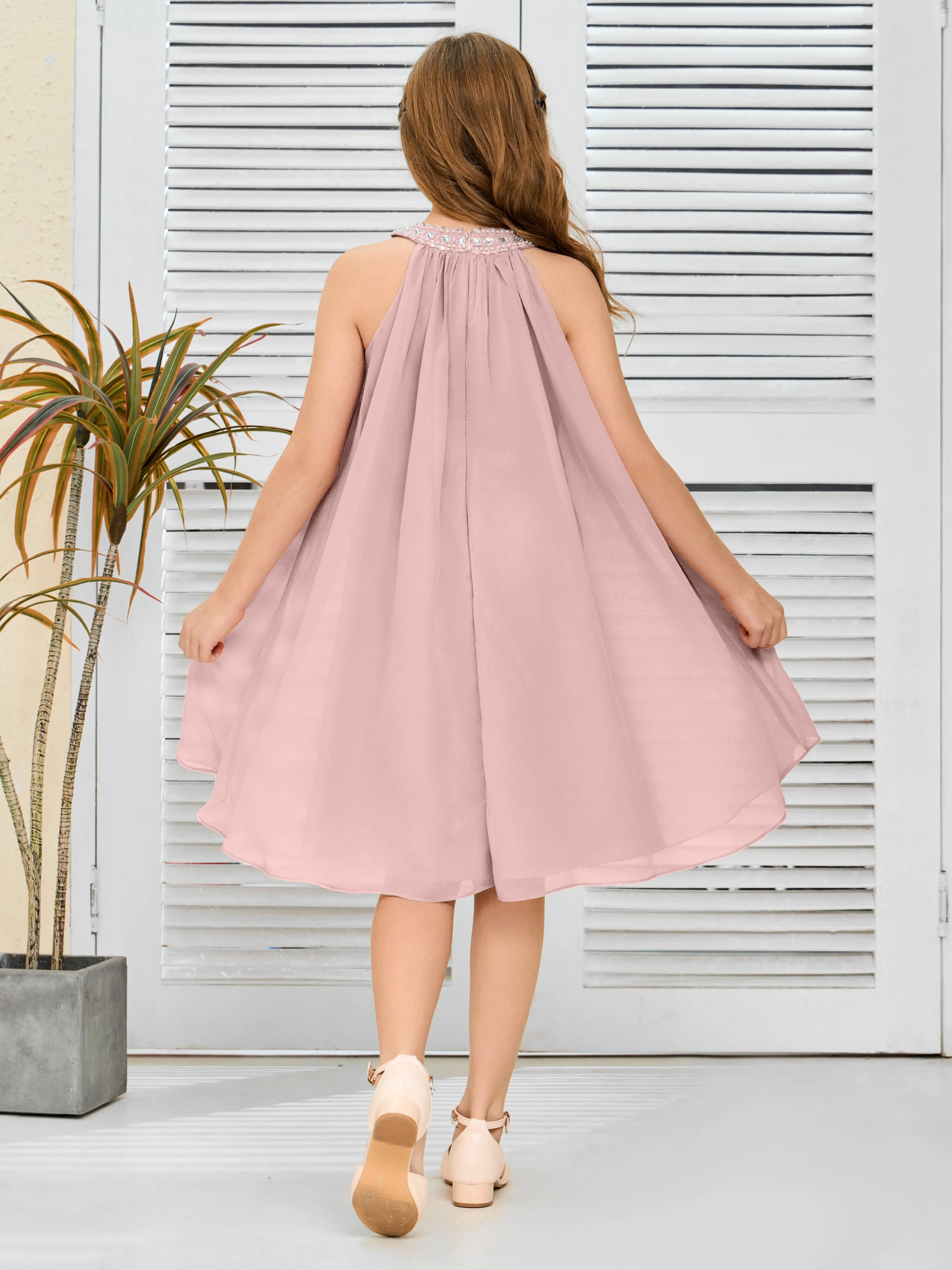 Jewel Knee Length Chiffon Junior Bridesmaid Dress With Beading