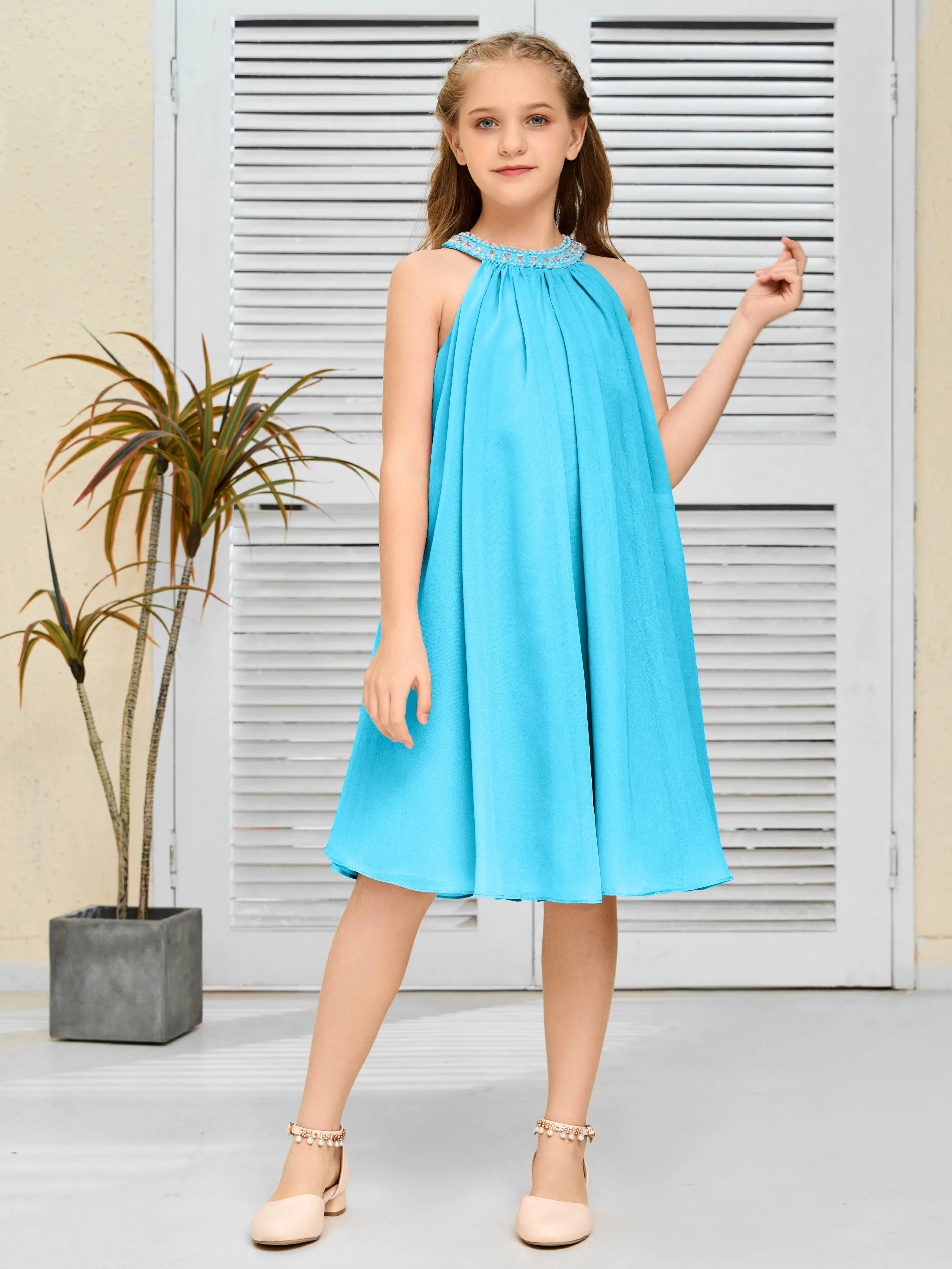 Jewel Knee Length Chiffon Junior Bridesmaid Dress With Beading