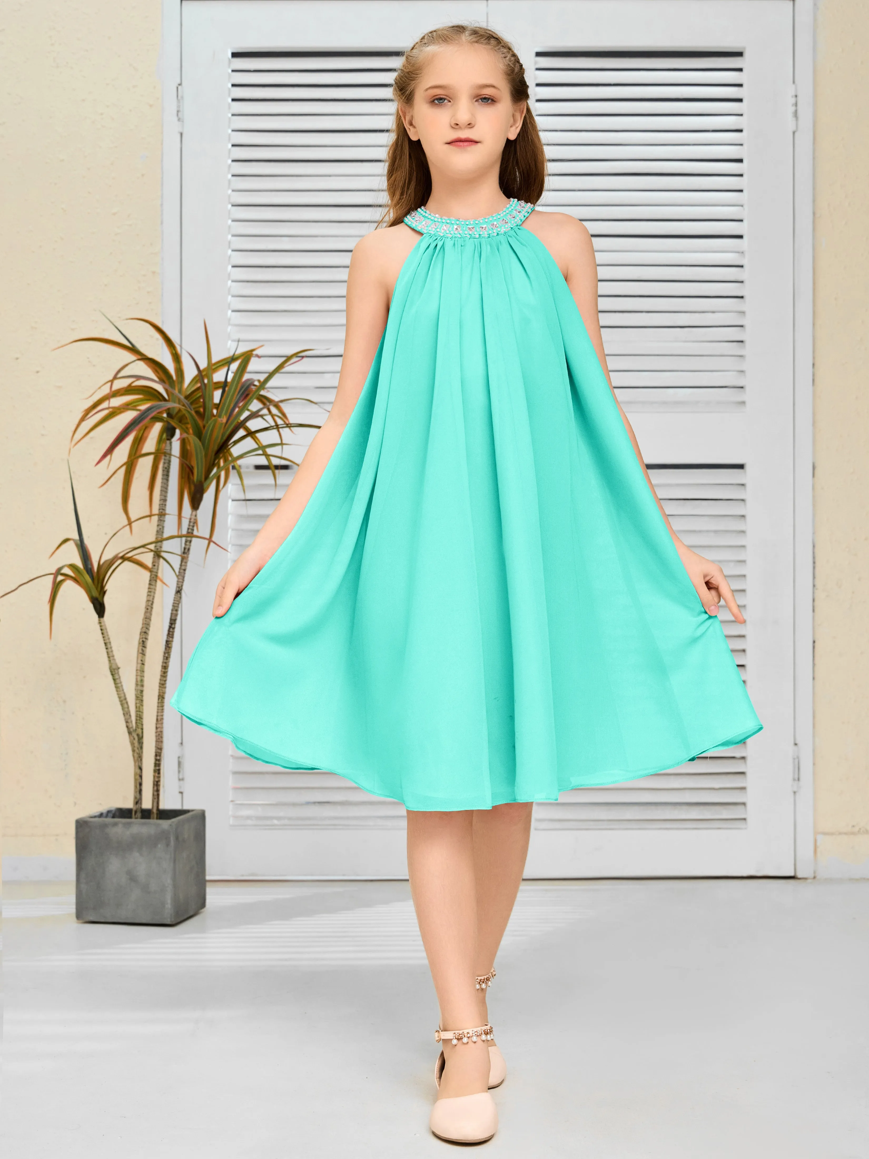 Jewel Knee Length Chiffon Junior Bridesmaid Dress With Beading