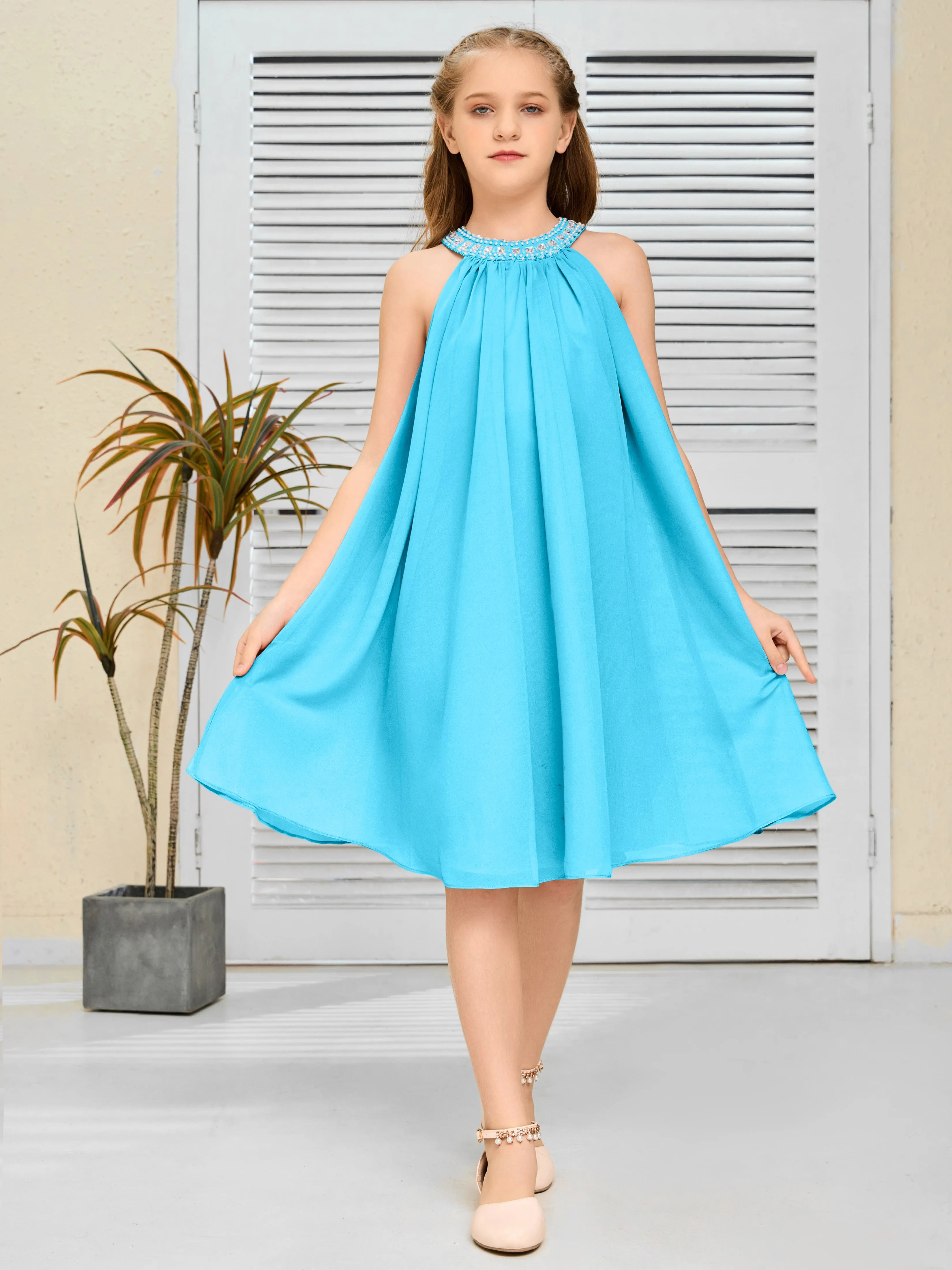 Jewel Knee Length Chiffon Junior Bridesmaid Dress With Beading