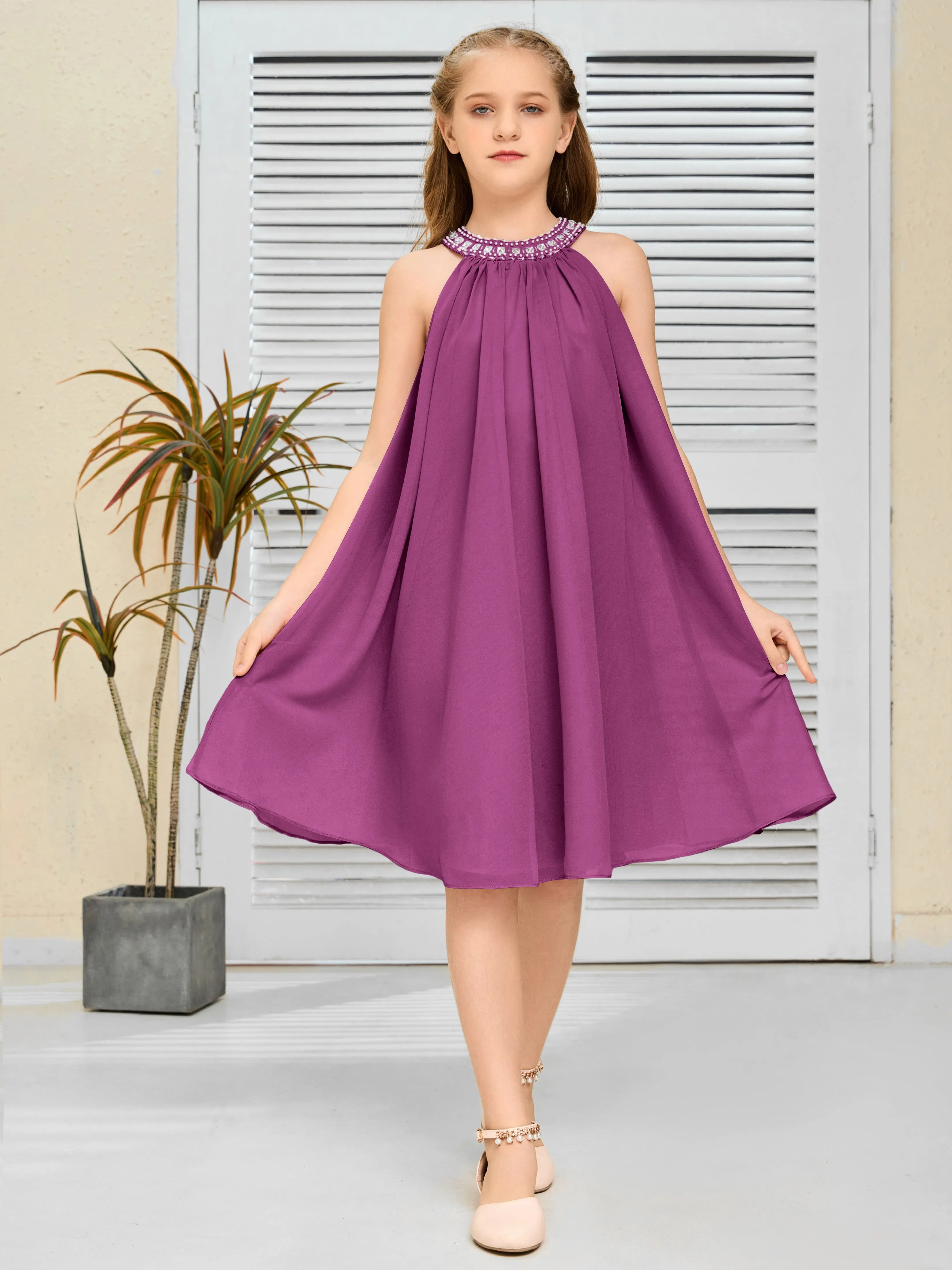 Jewel Knee Length Chiffon Junior Bridesmaid Dress With Beading