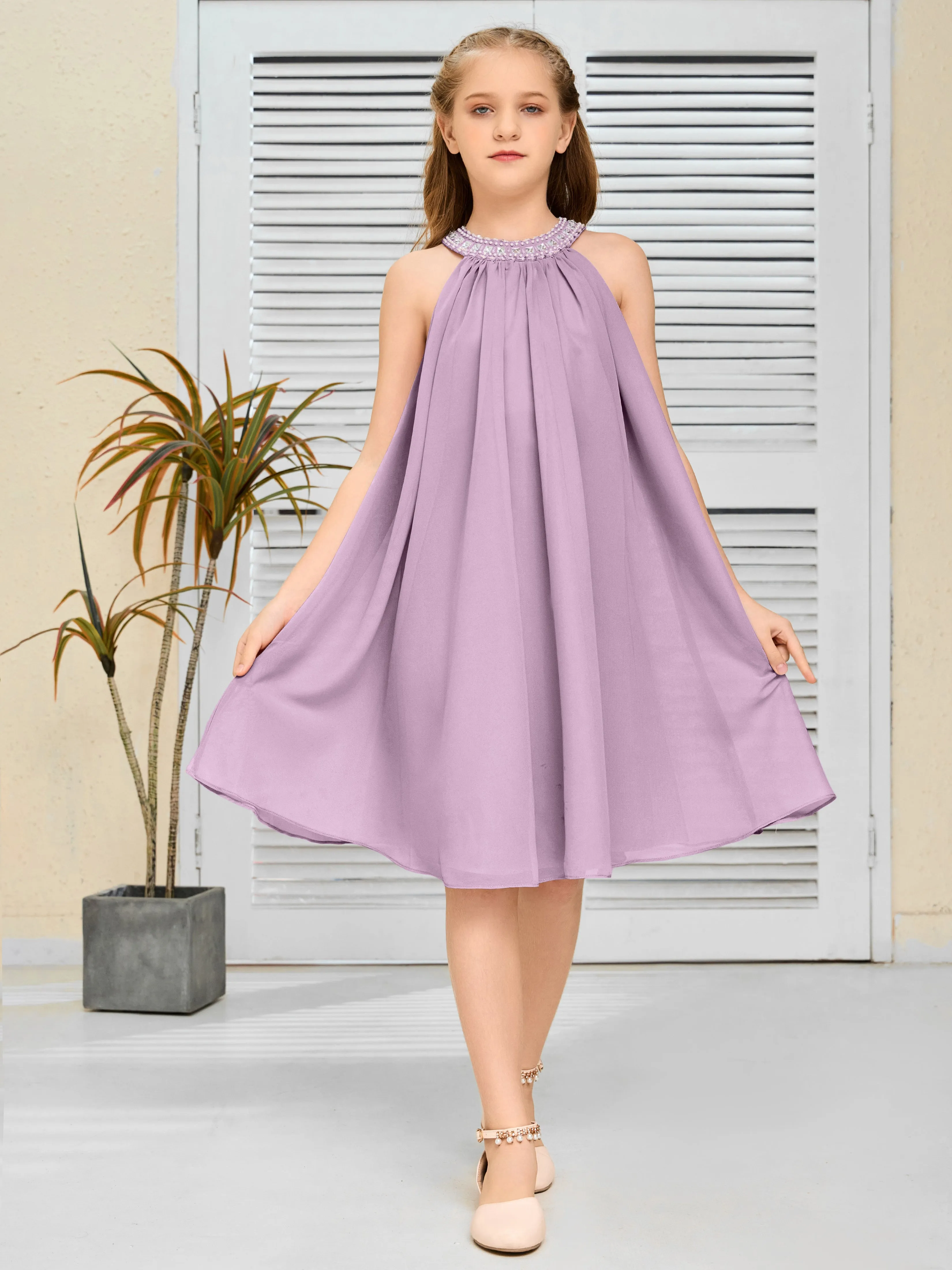 Jewel Knee Length Chiffon Junior Bridesmaid Dress With Beading