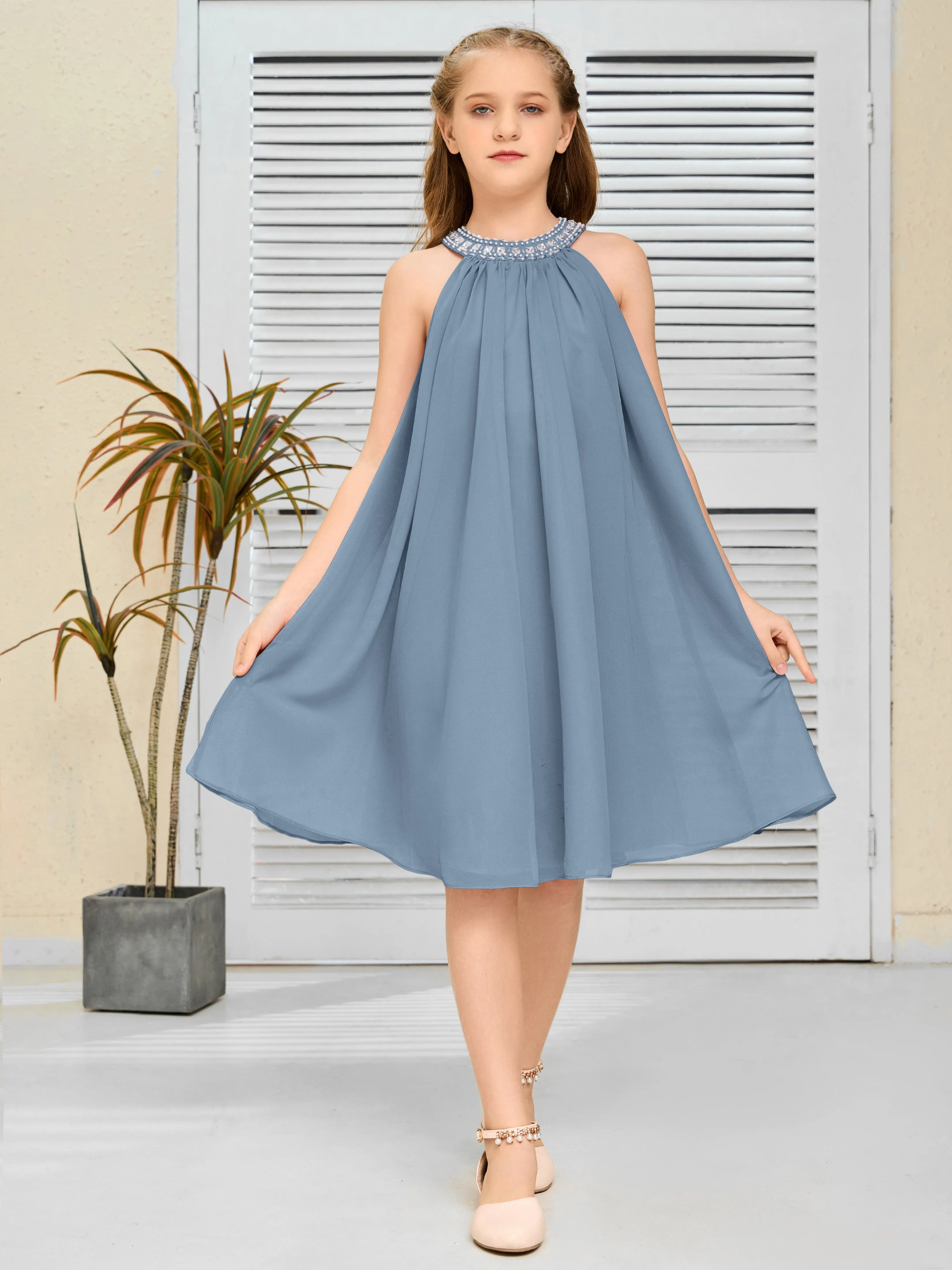 Jewel Knee Length Chiffon Junior Bridesmaid Dress With Beading