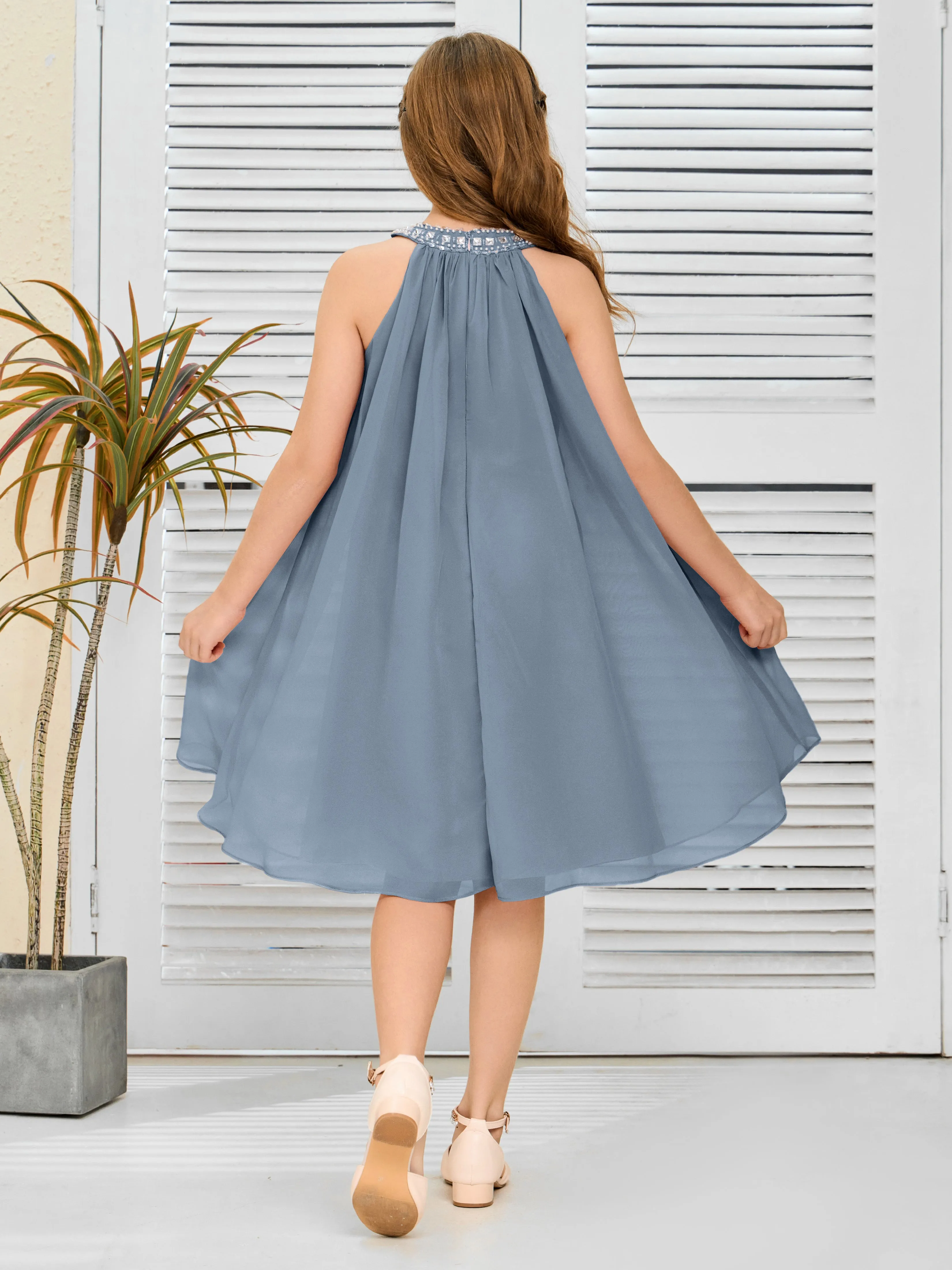 Jewel Knee Length Chiffon Junior Bridesmaid Dress With Beading