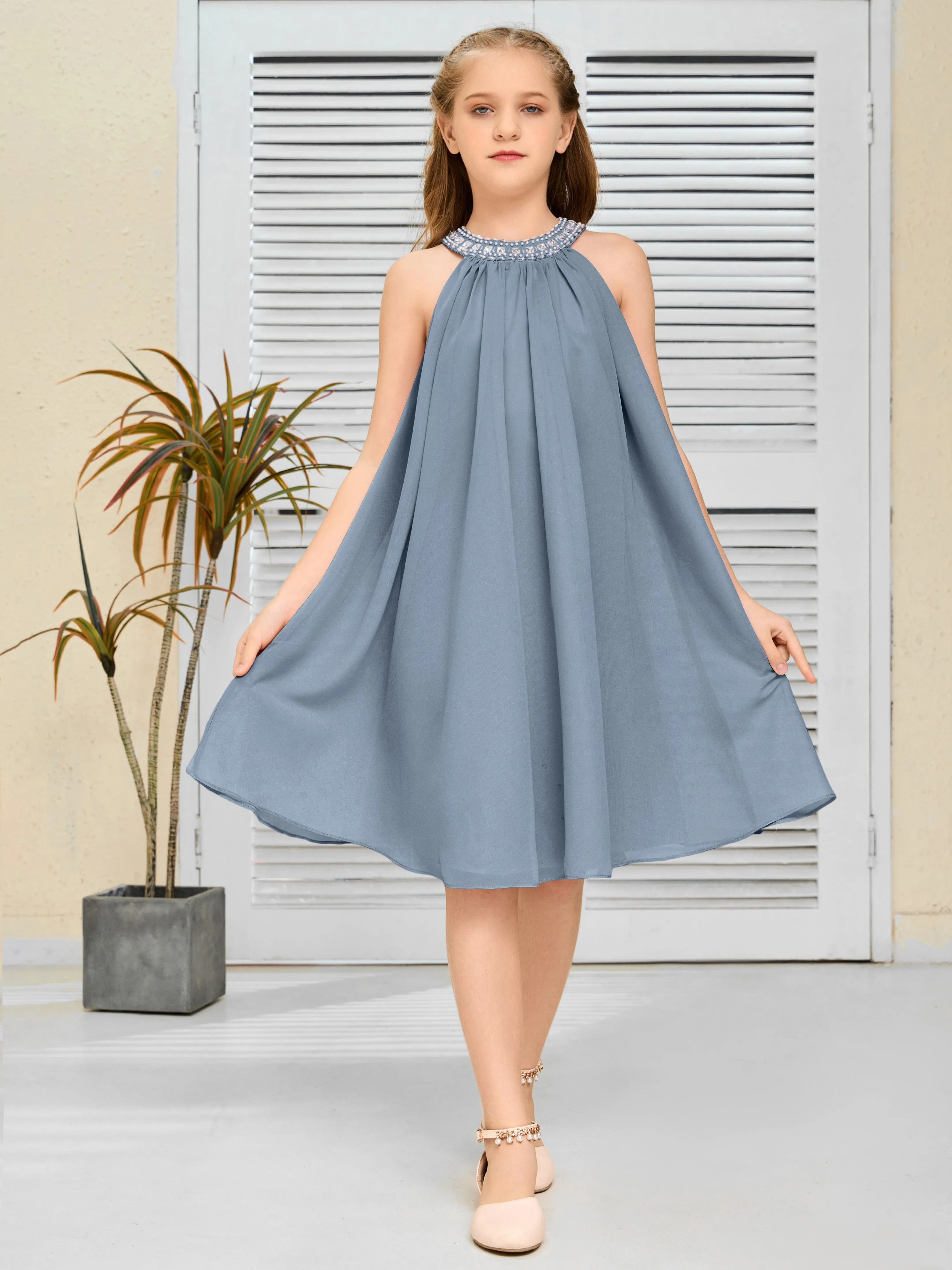 Jewel Knee Length Chiffon Junior Bridesmaid Dress With Beading