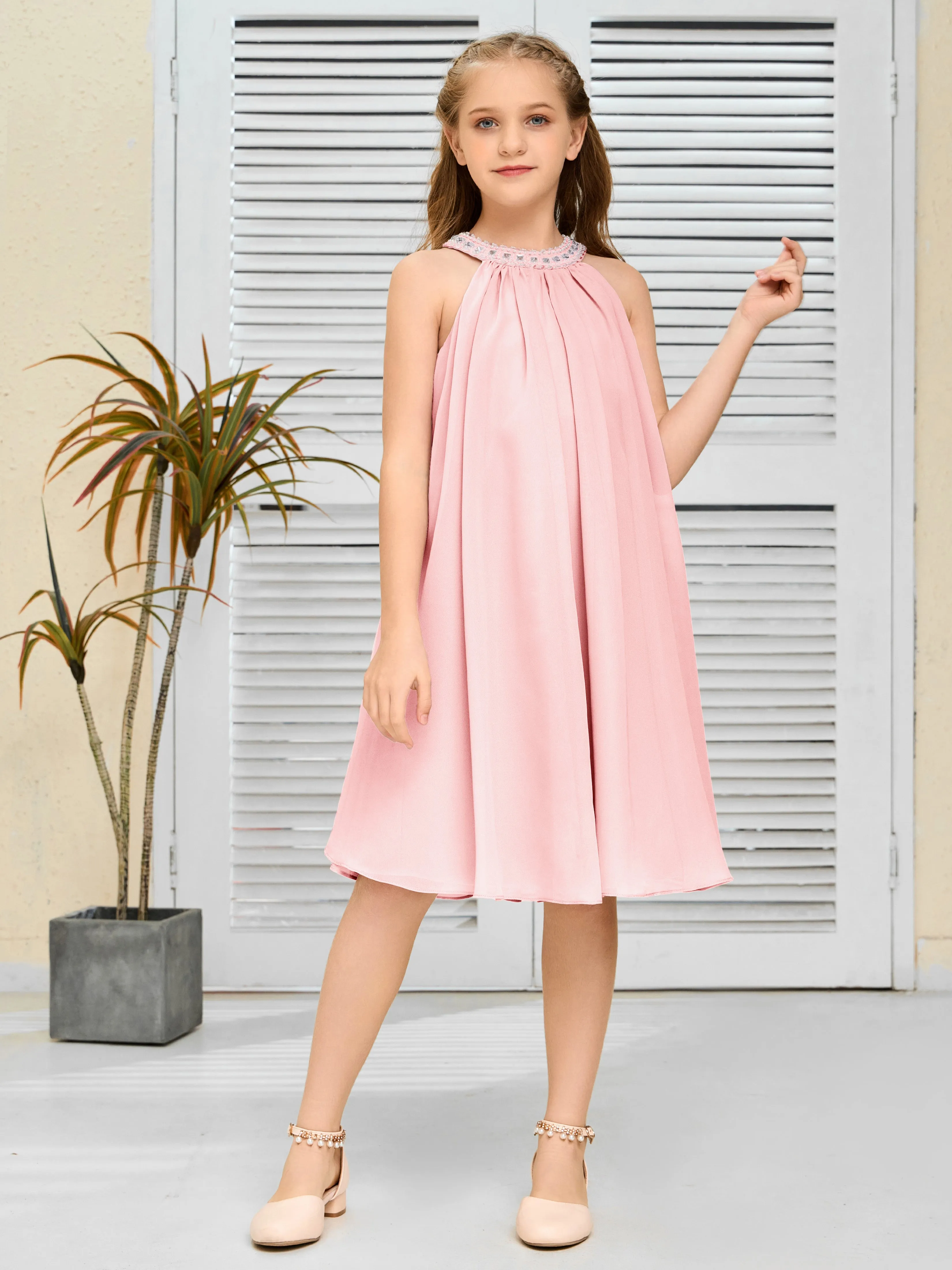 Jewel Knee Length Chiffon Junior Bridesmaid Dress With Beading