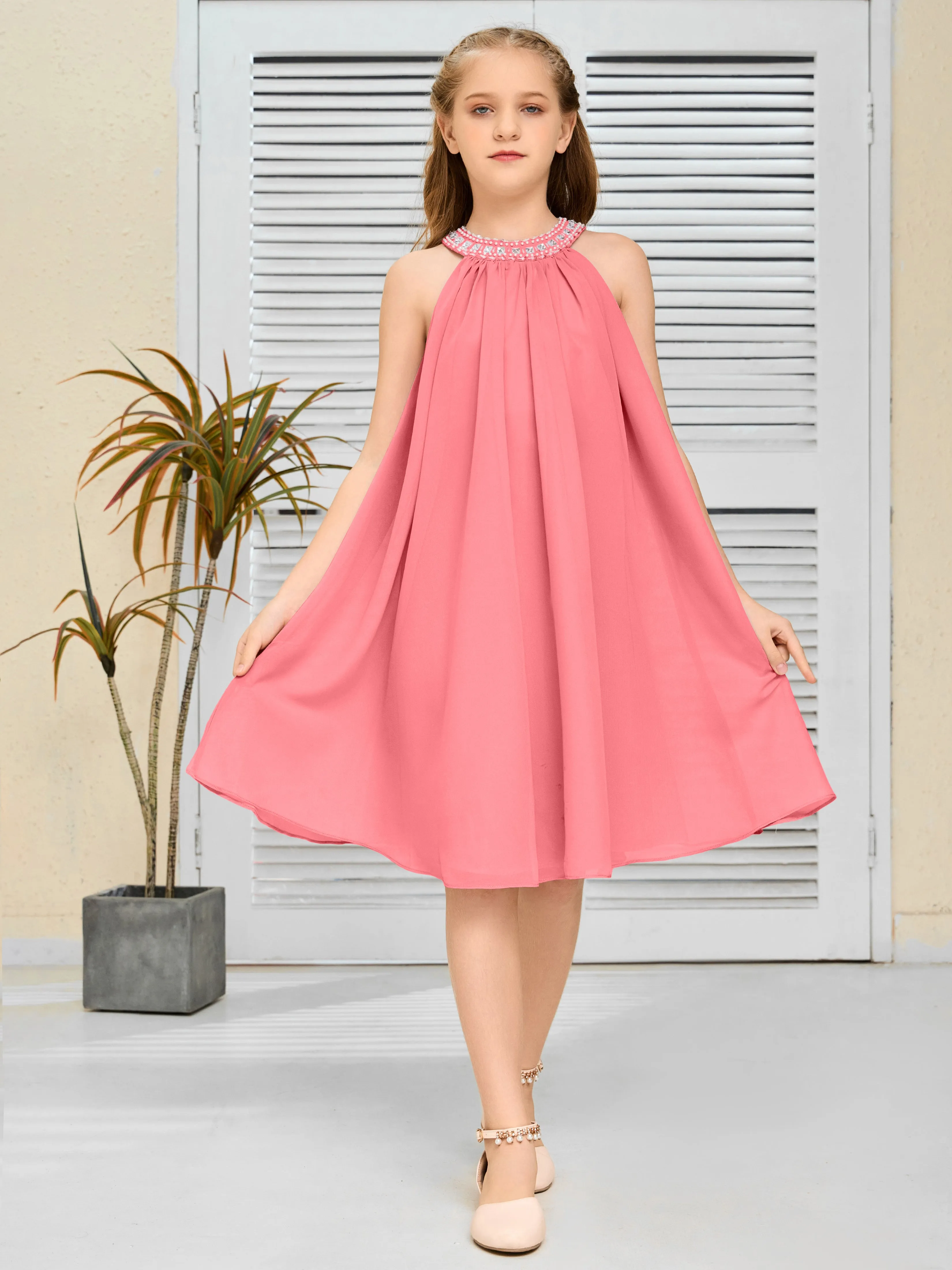 Jewel Knee Length Chiffon Junior Bridesmaid Dress With Beading