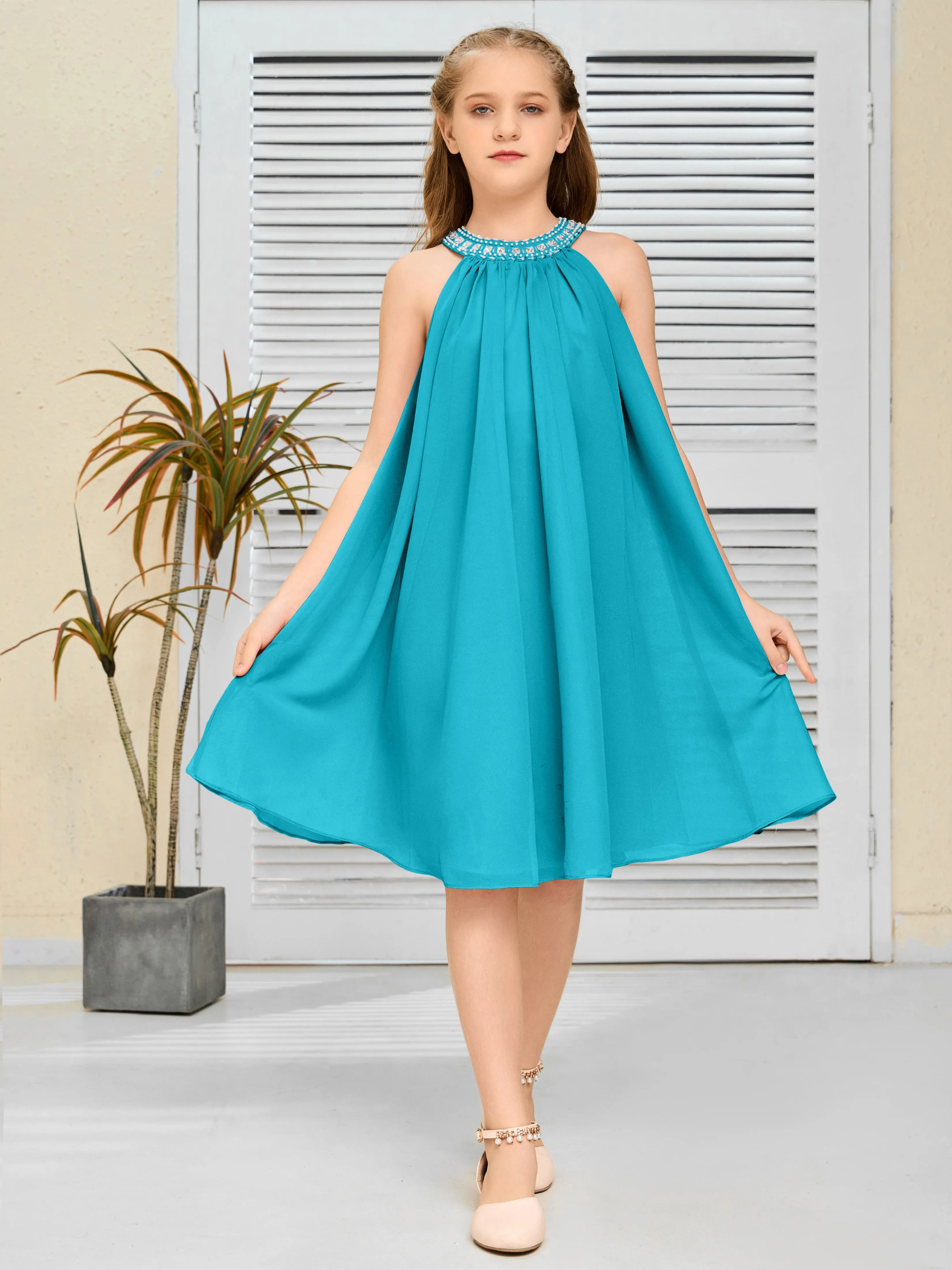 Jewel Knee Length Chiffon Junior Bridesmaid Dress With Beading