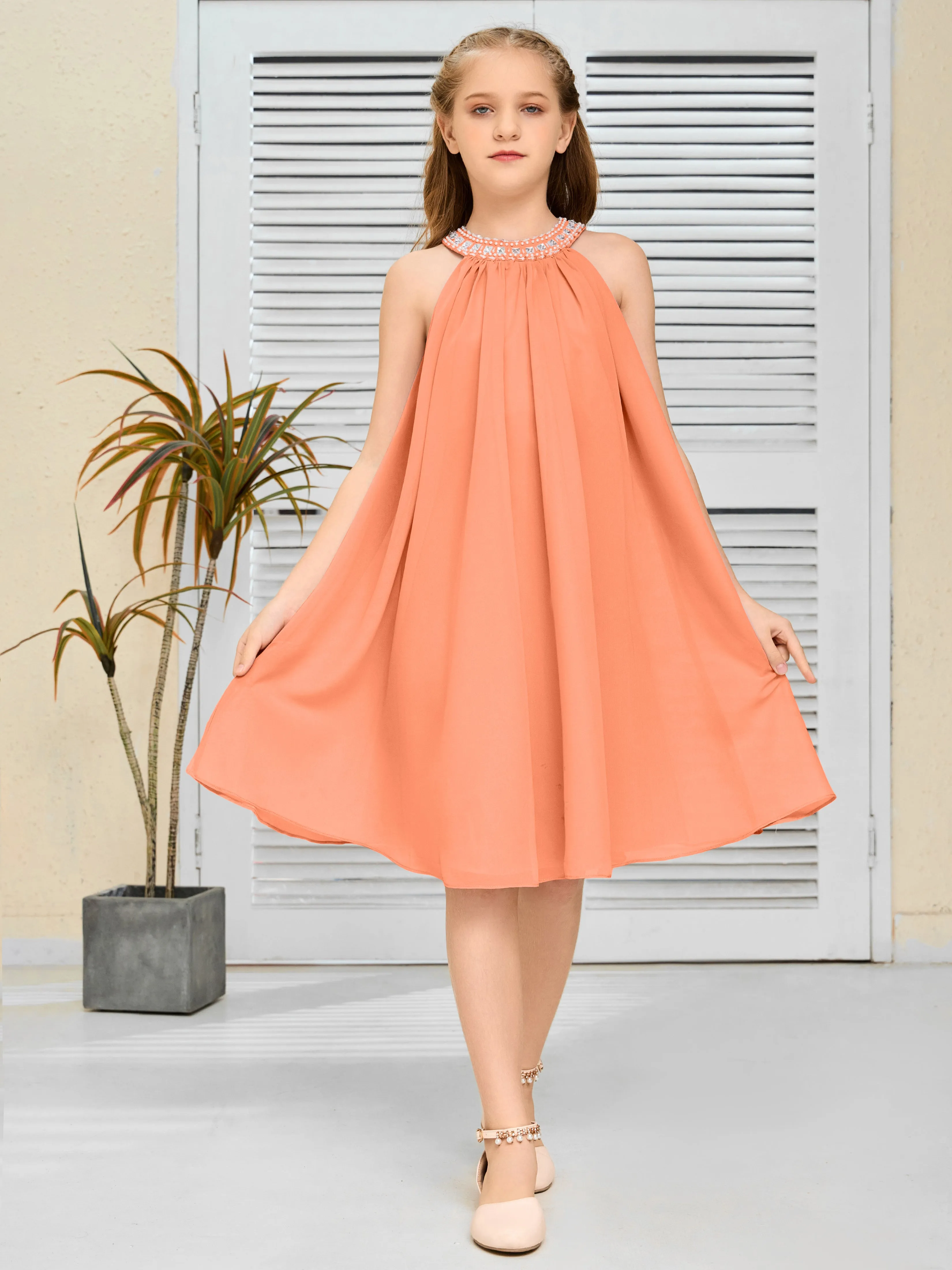 Jewel Knee Length Chiffon Junior Bridesmaid Dress With Beading