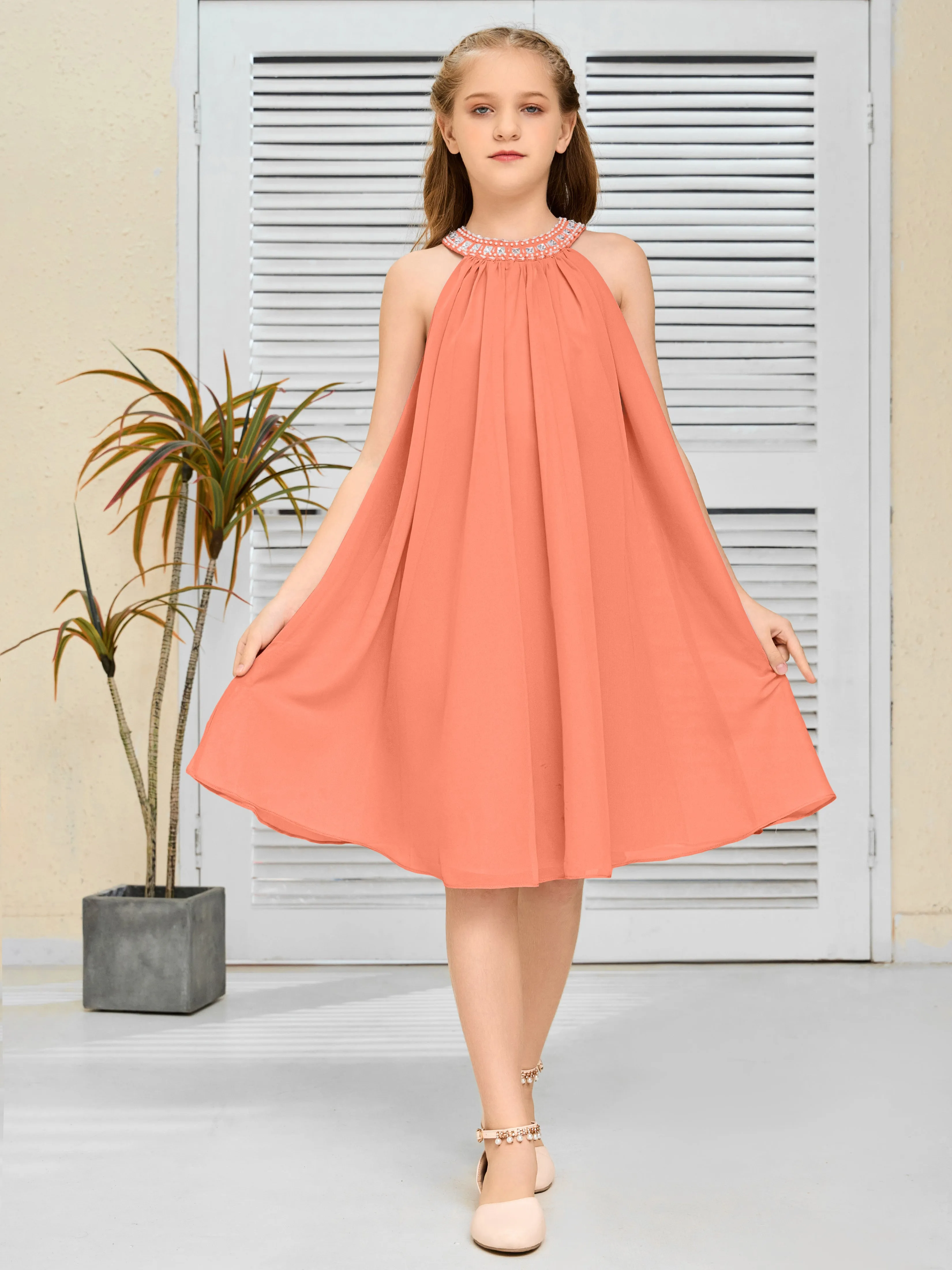 Jewel Knee Length Chiffon Junior Bridesmaid Dress With Beading