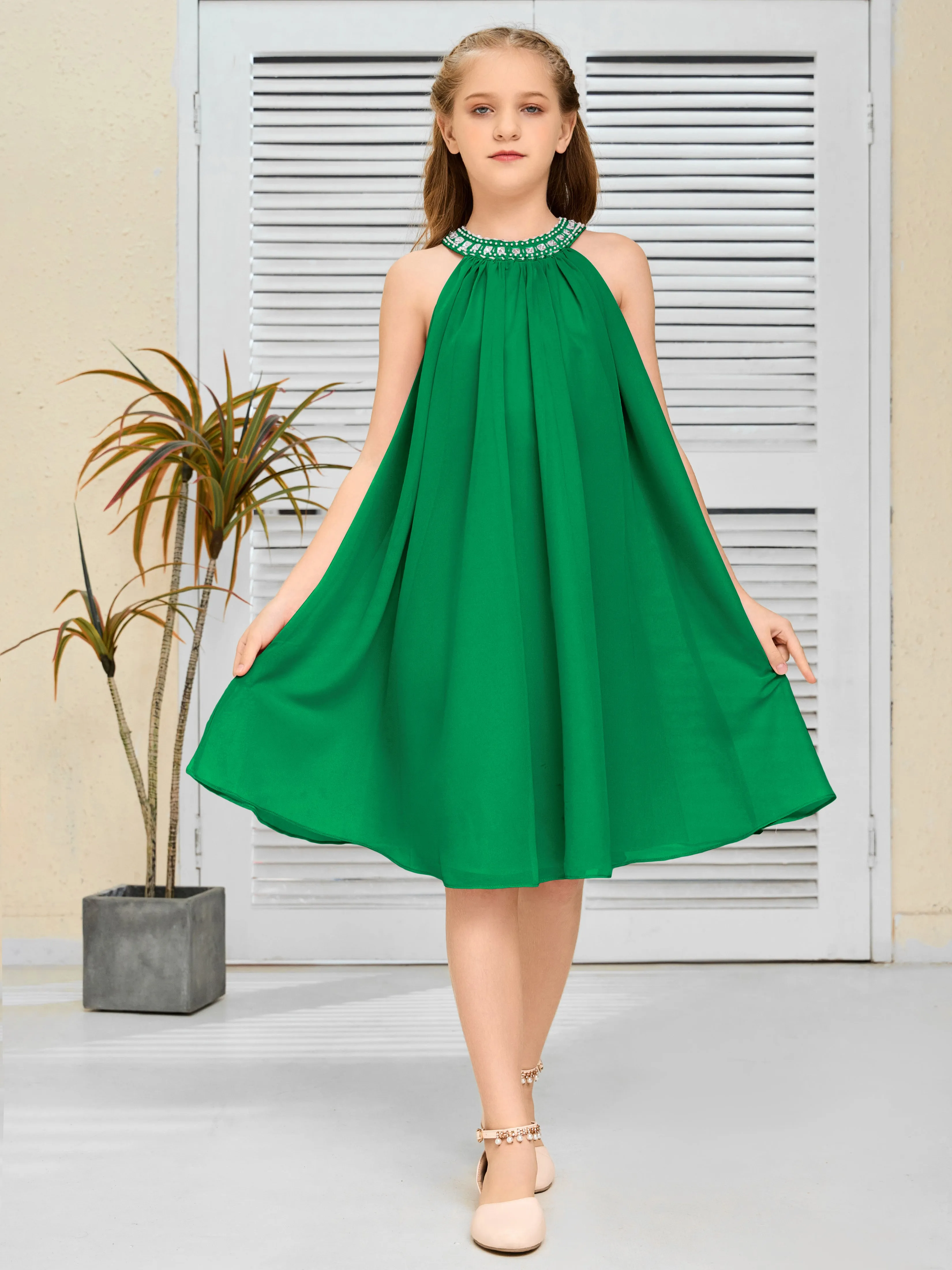 Jewel Knee Length Chiffon Junior Bridesmaid Dress With Beading