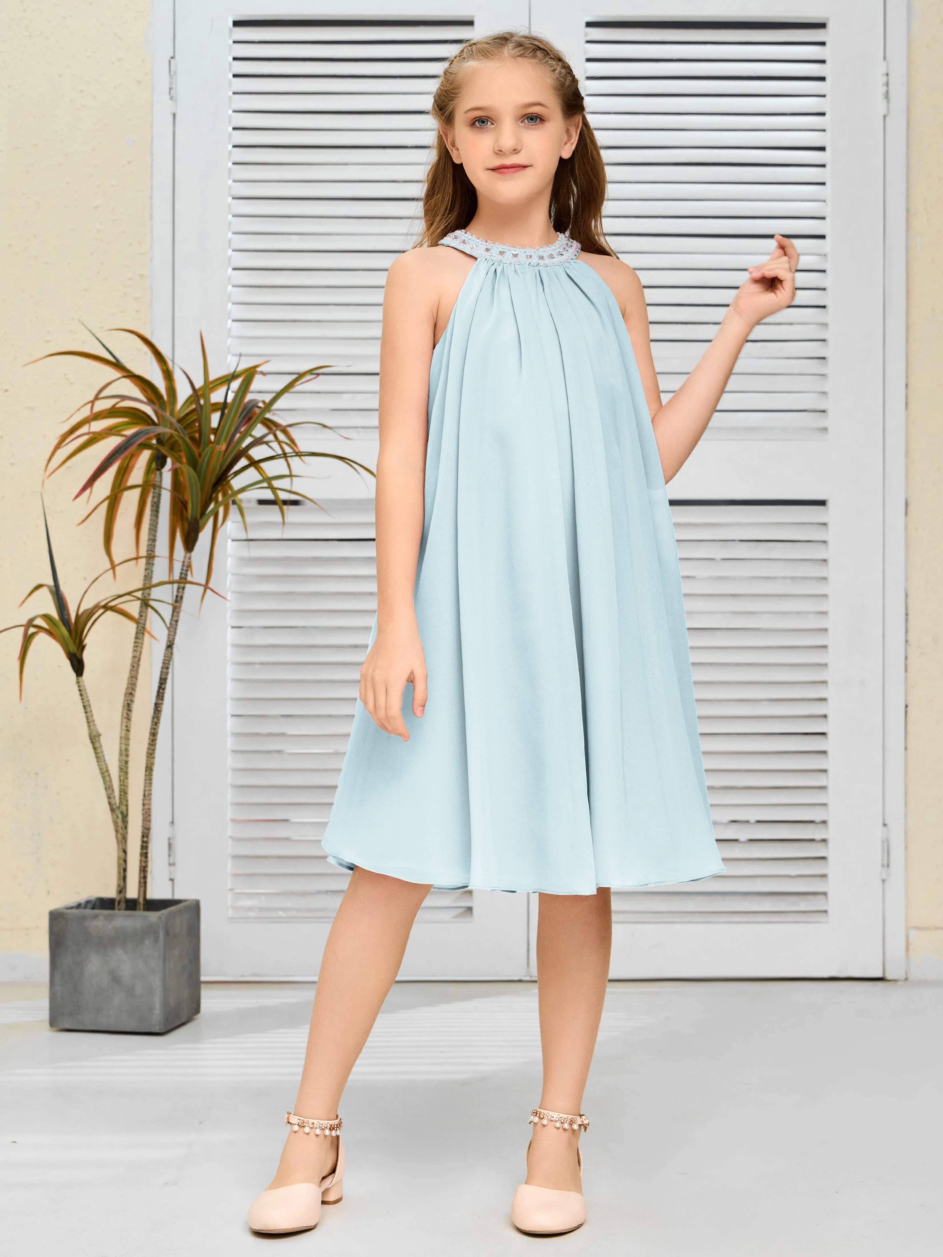 Jewel Knee Length Chiffon Junior Bridesmaid Dress With Beading