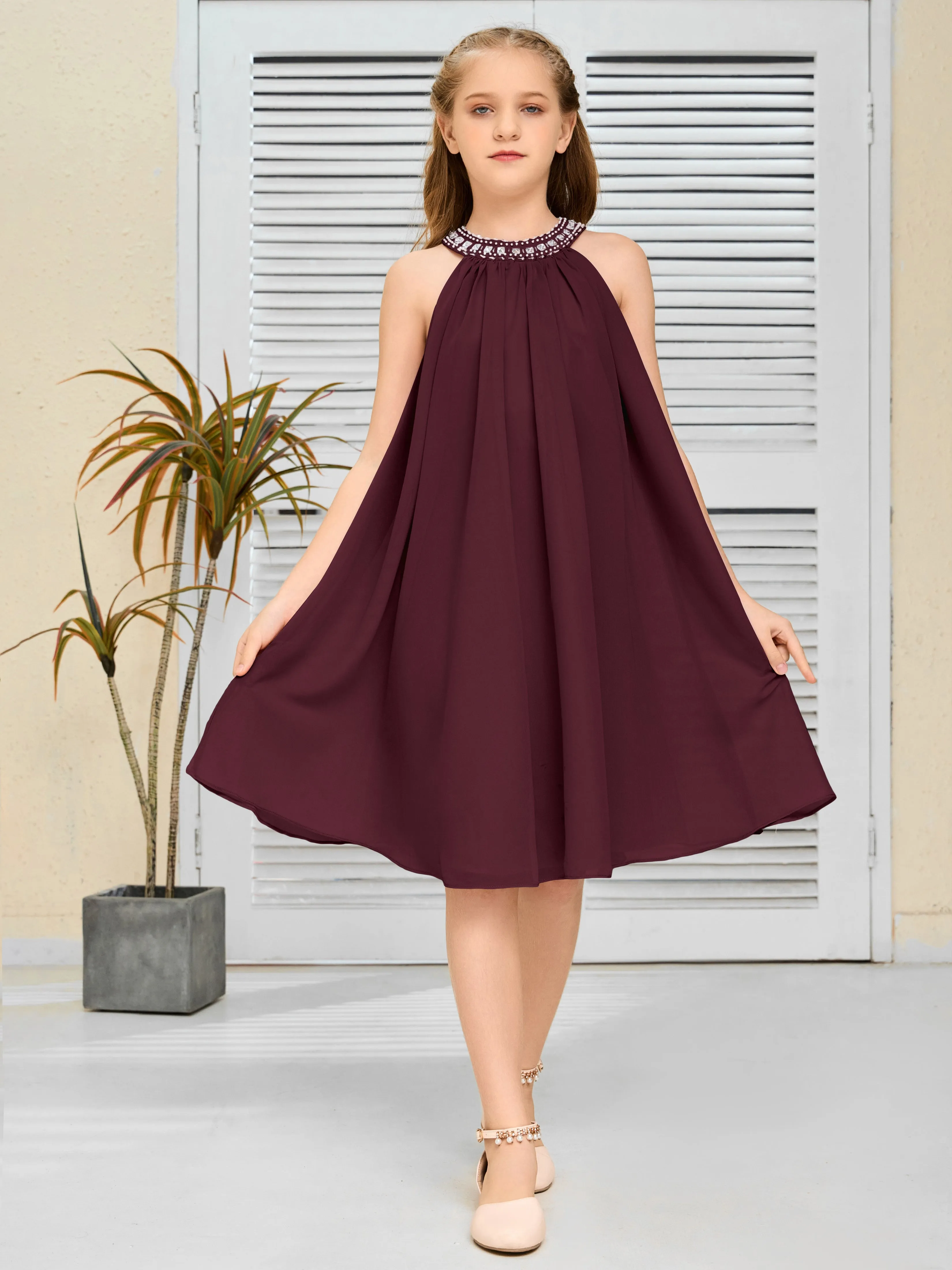 Jewel Knee Length Chiffon Junior Bridesmaid Dress With Beading