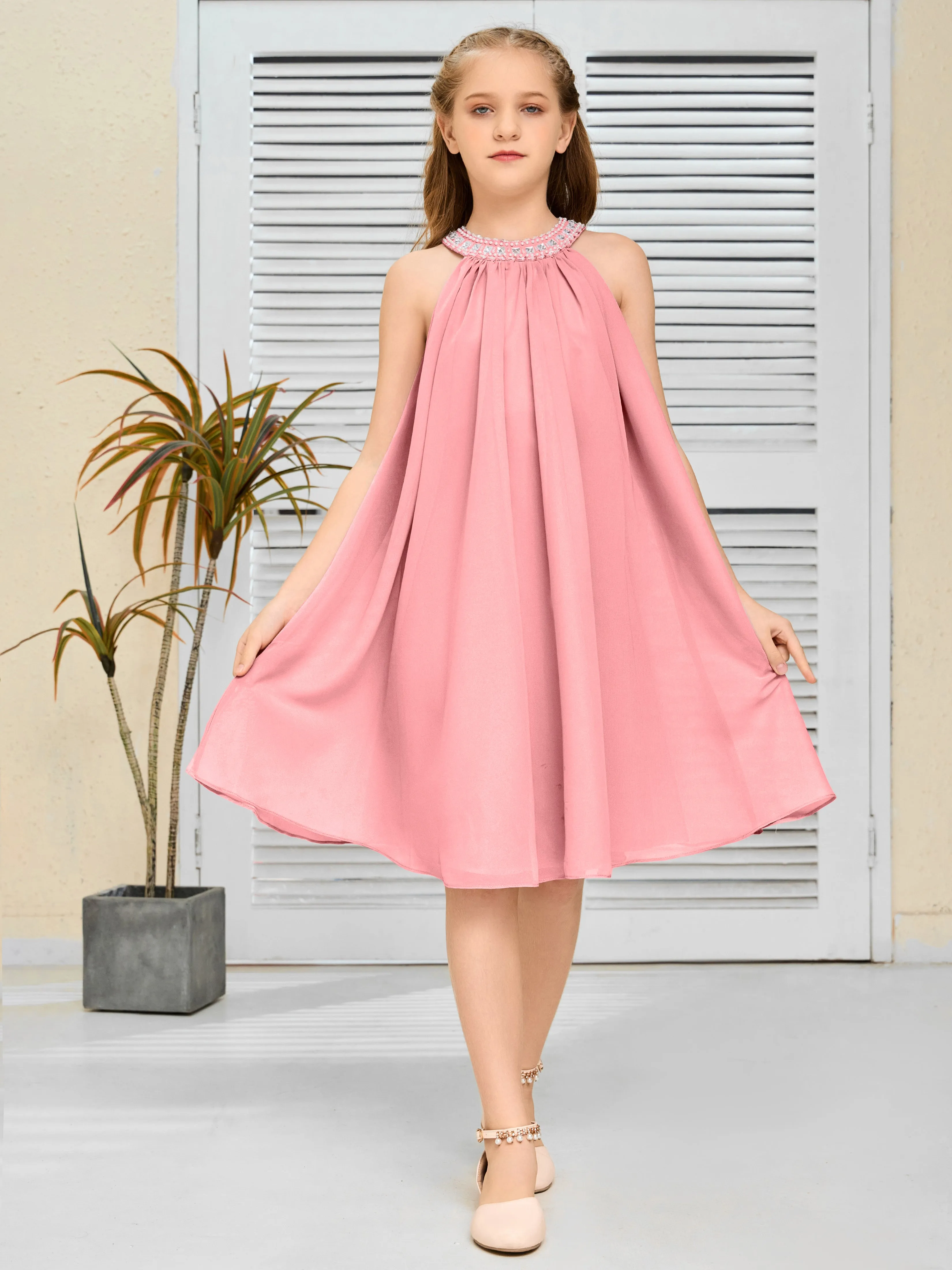 Jewel Knee Length Chiffon Junior Bridesmaid Dress With Beading