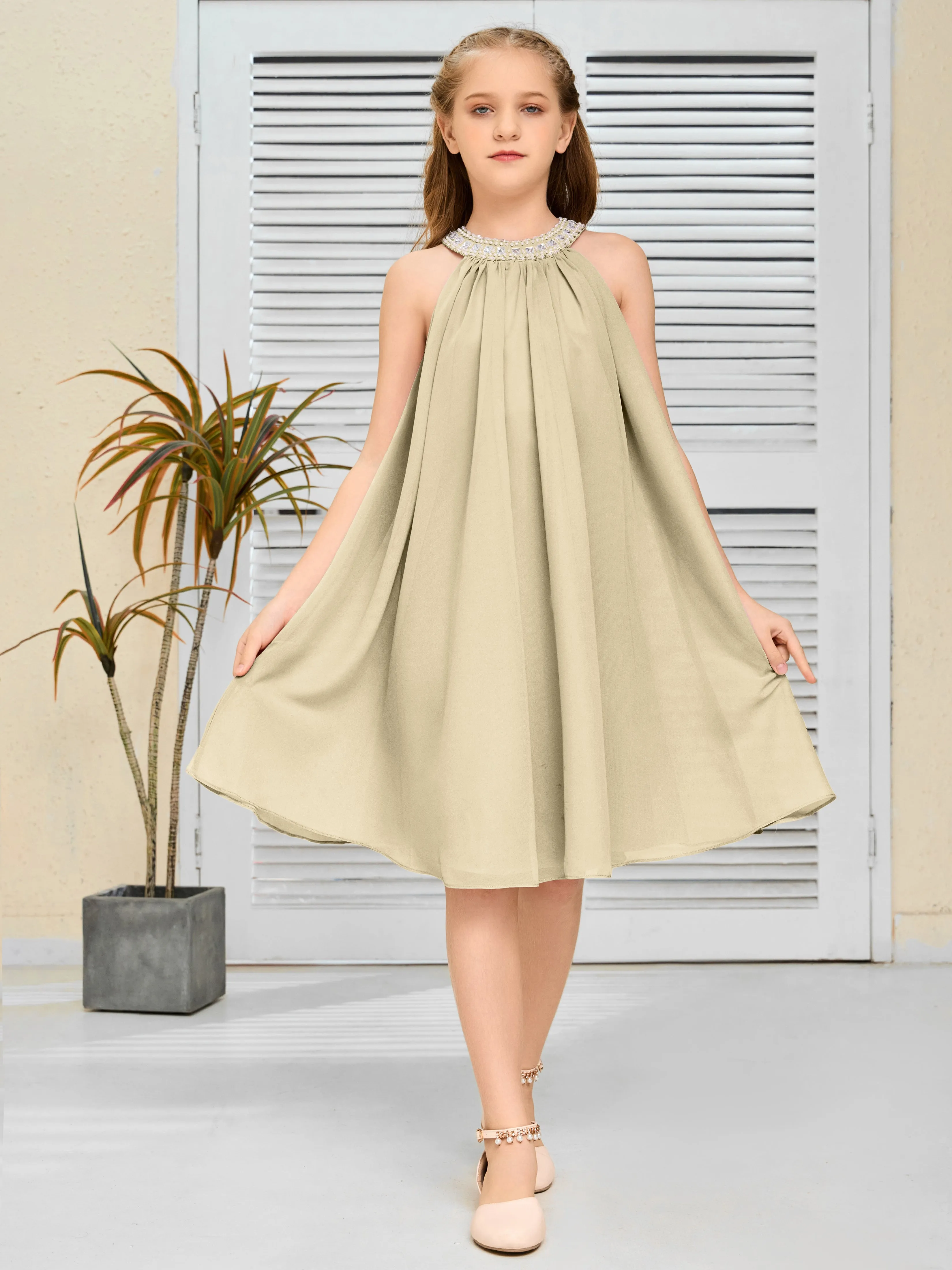 Jewel Knee Length Chiffon Junior Bridesmaid Dress With Beading