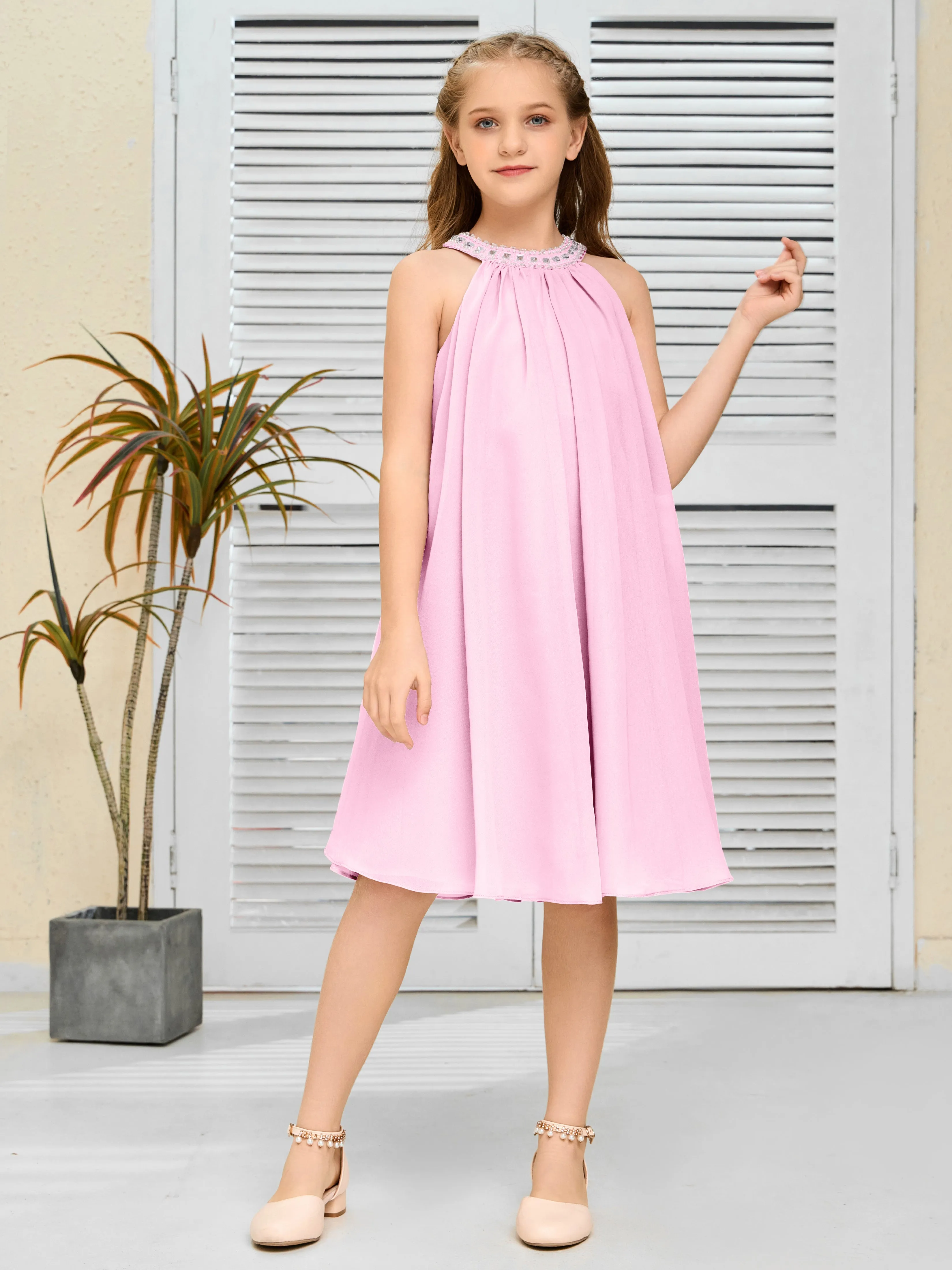 Jewel Knee Length Chiffon Junior Bridesmaid Dress With Beading