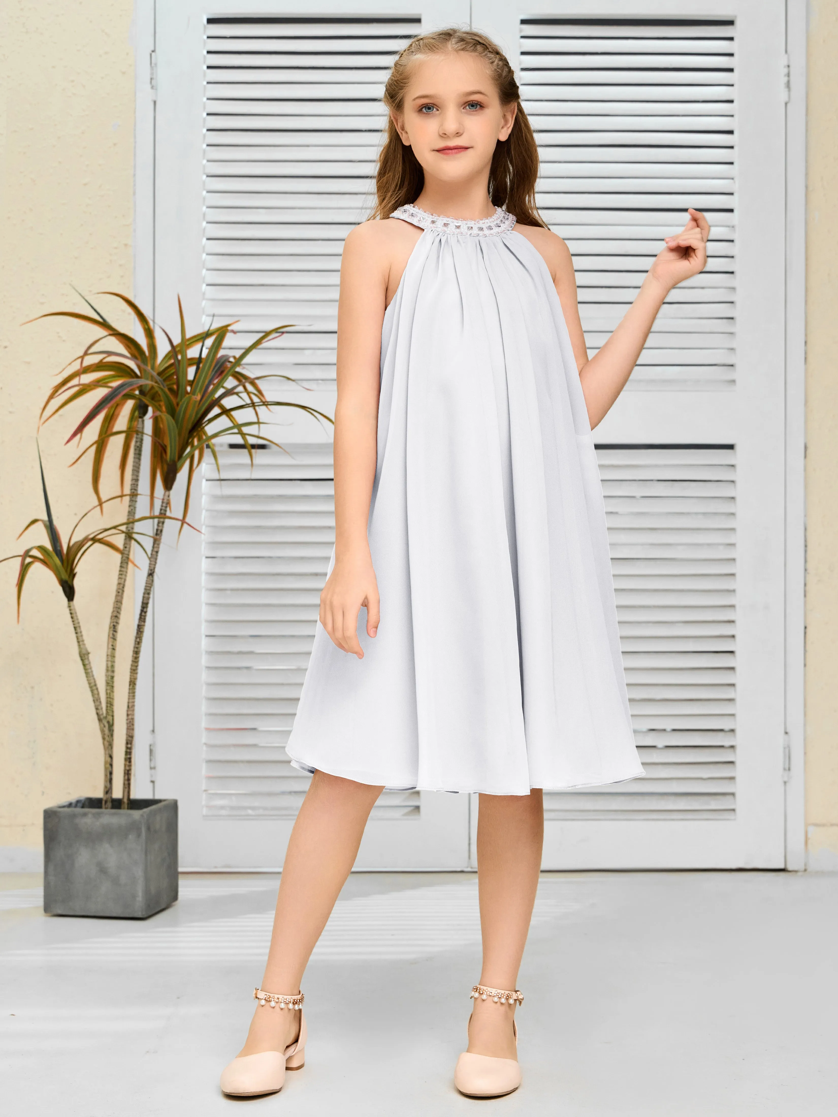 Jewel Knee Length Chiffon Junior Bridesmaid Dress With Beading