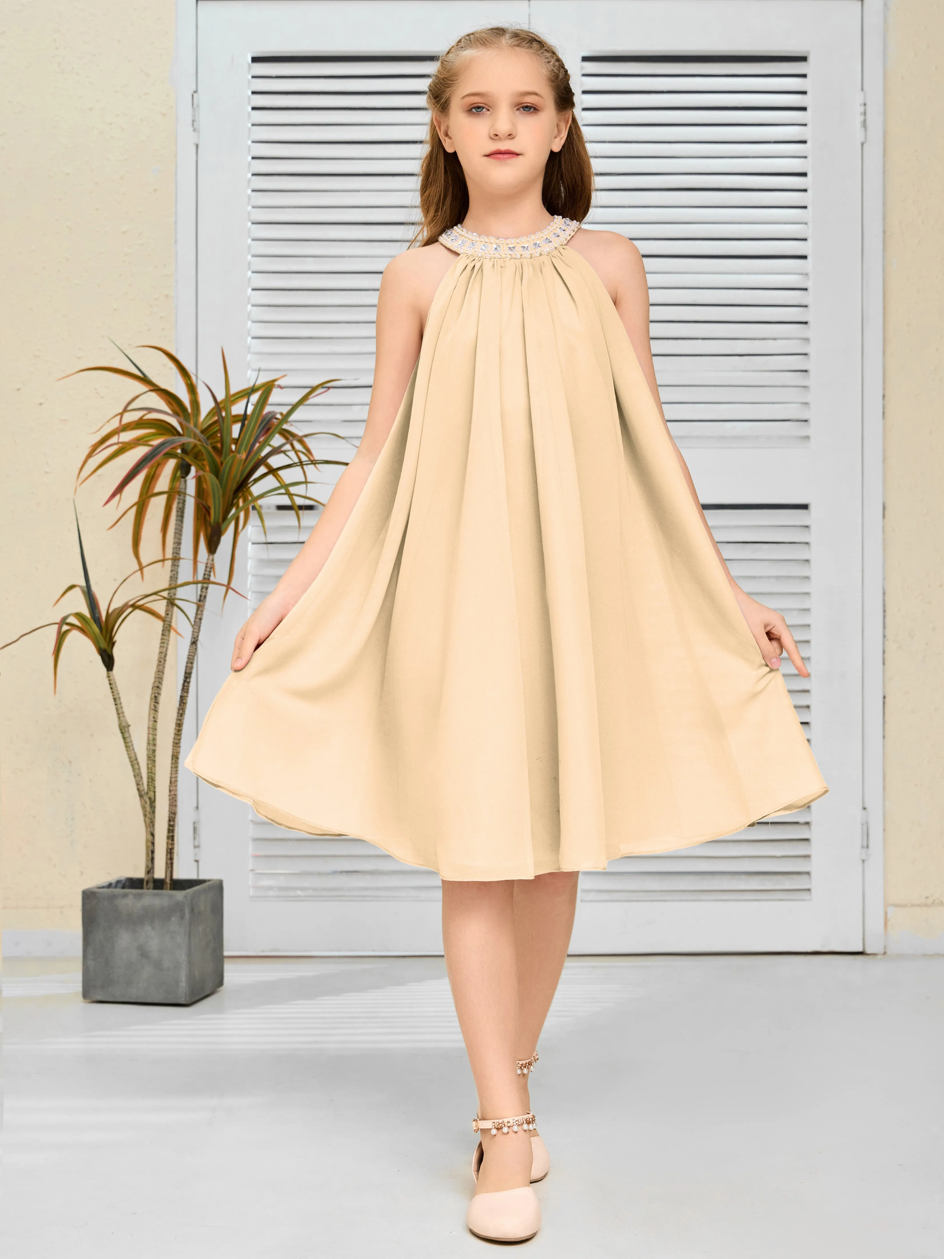 Jewel Knee Length Chiffon Junior Bridesmaid Dress With Beading