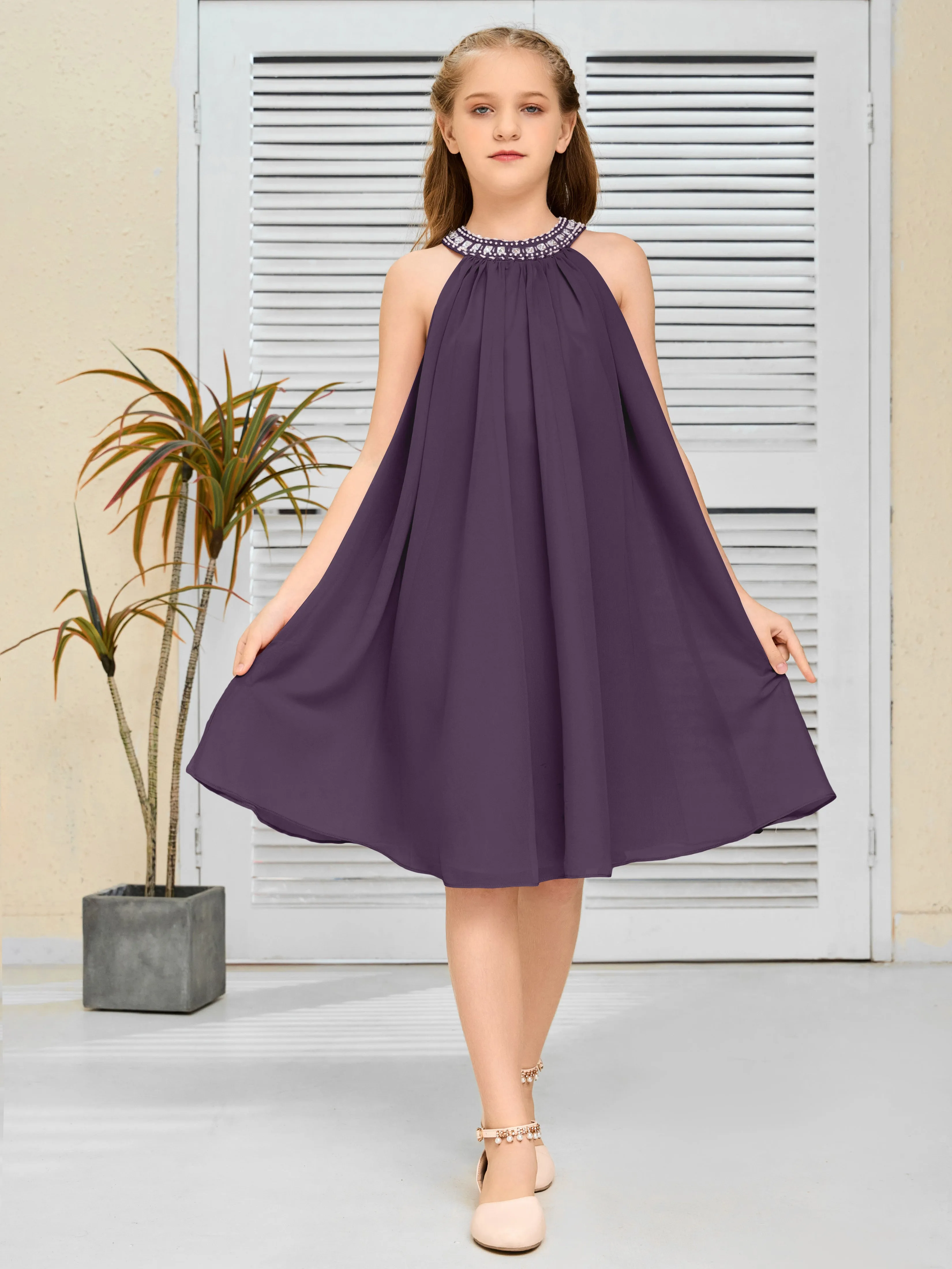 Jewel Knee Length Chiffon Junior Bridesmaid Dress With Beading