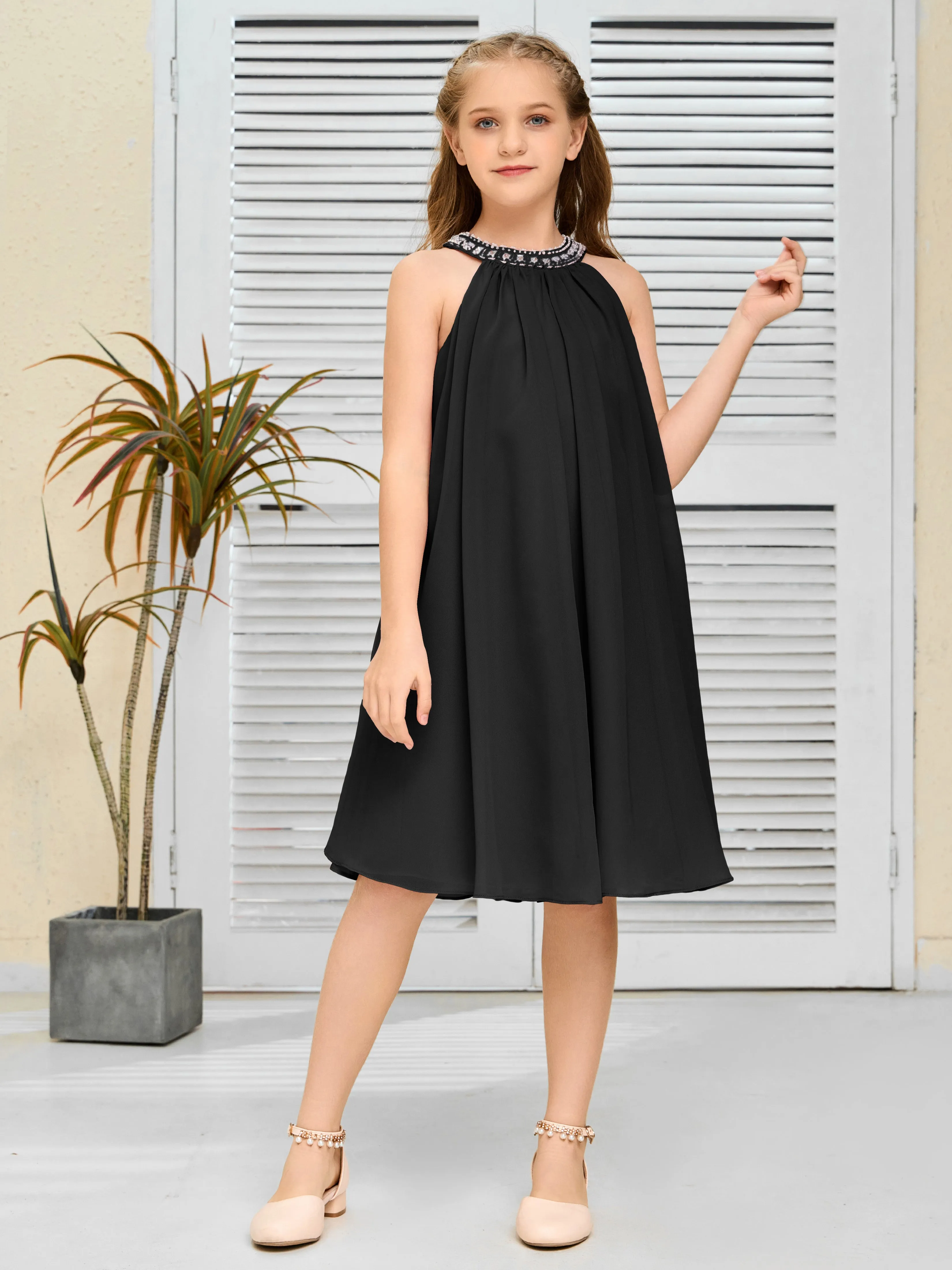 Jewel Knee Length Chiffon Junior Bridesmaid Dress With Beading