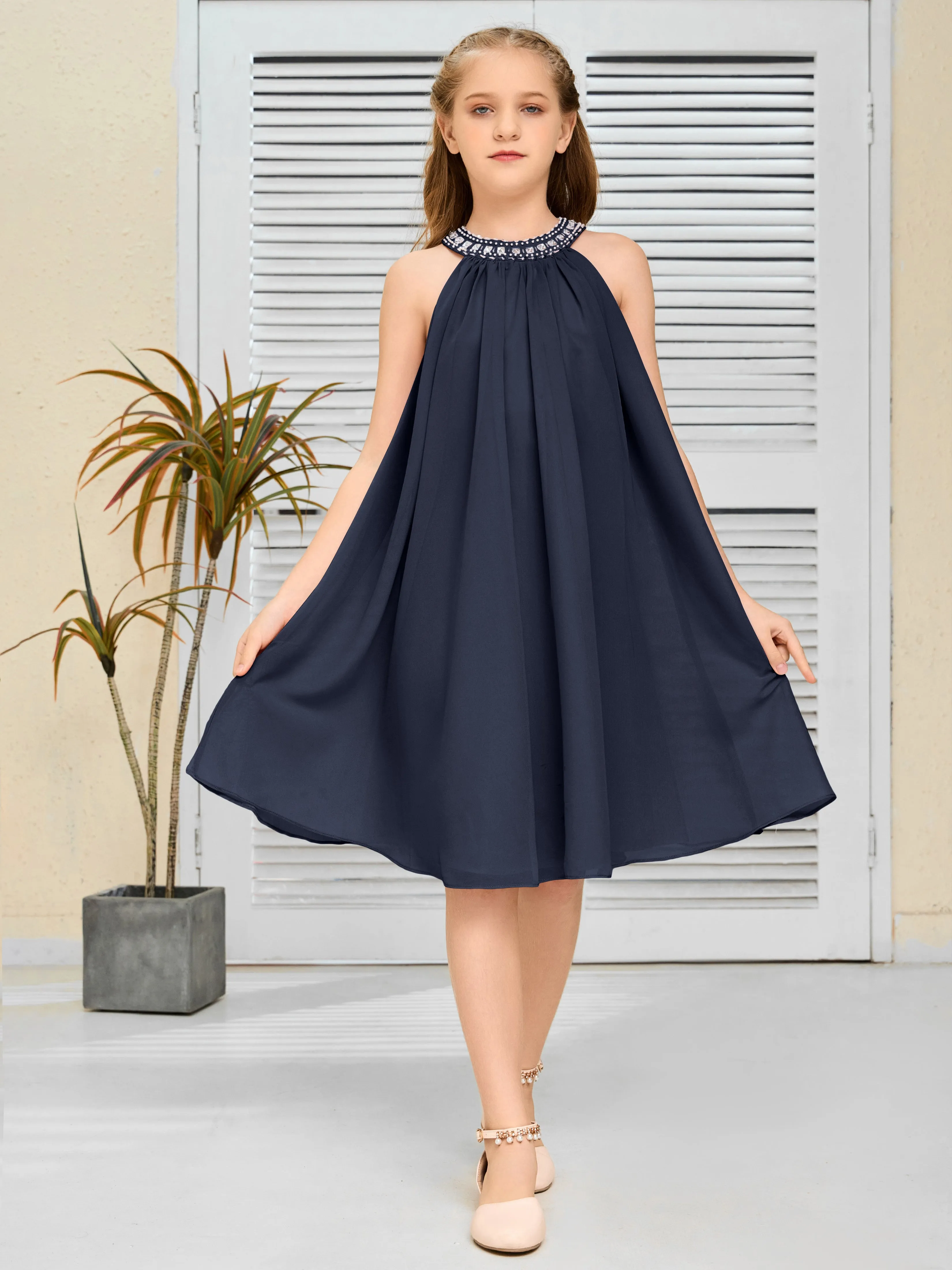 Jewel Knee Length Chiffon Junior Bridesmaid Dress With Beading