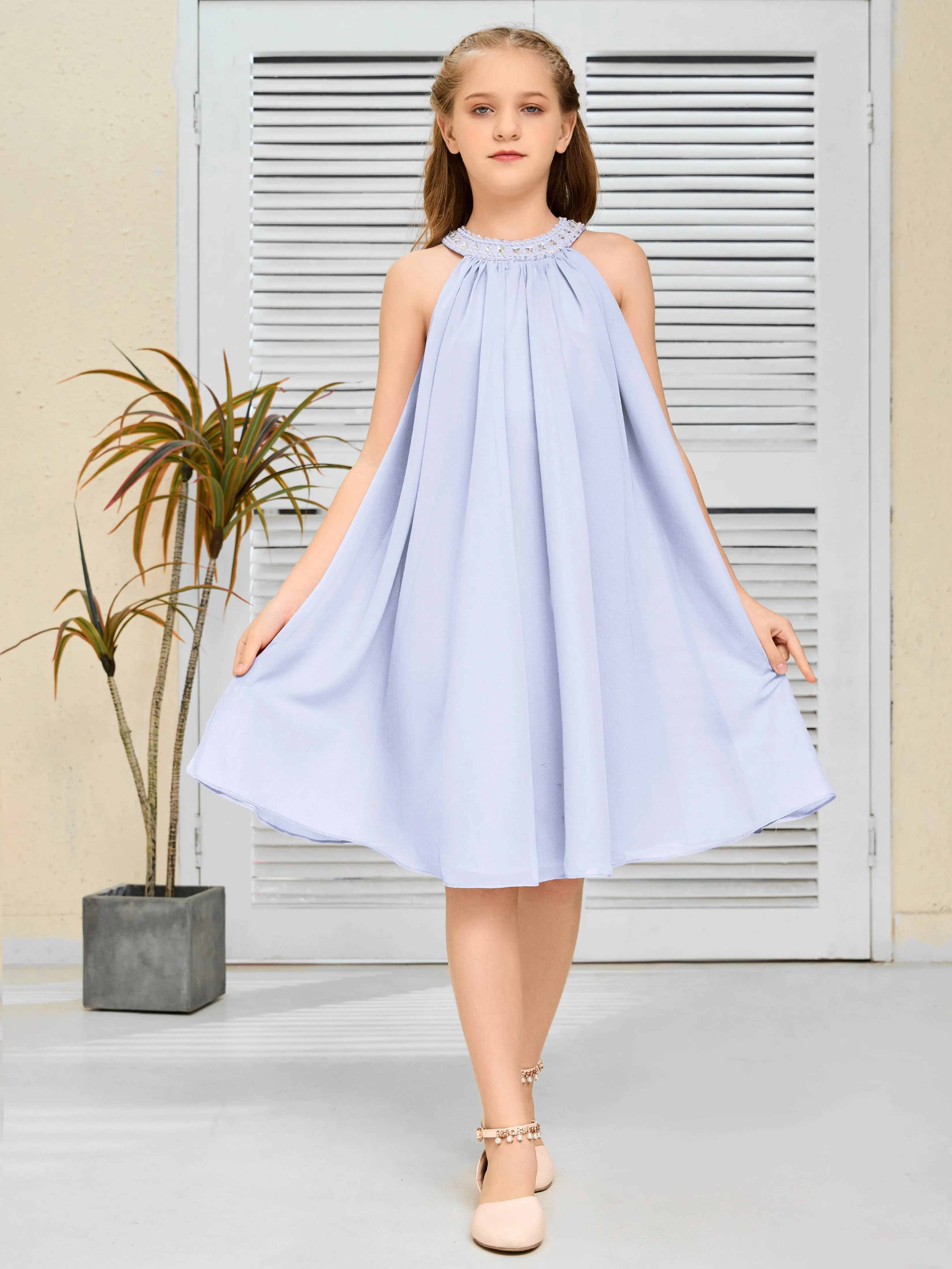 Jewel Knee Length Chiffon Junior Bridesmaid Dress With Beading