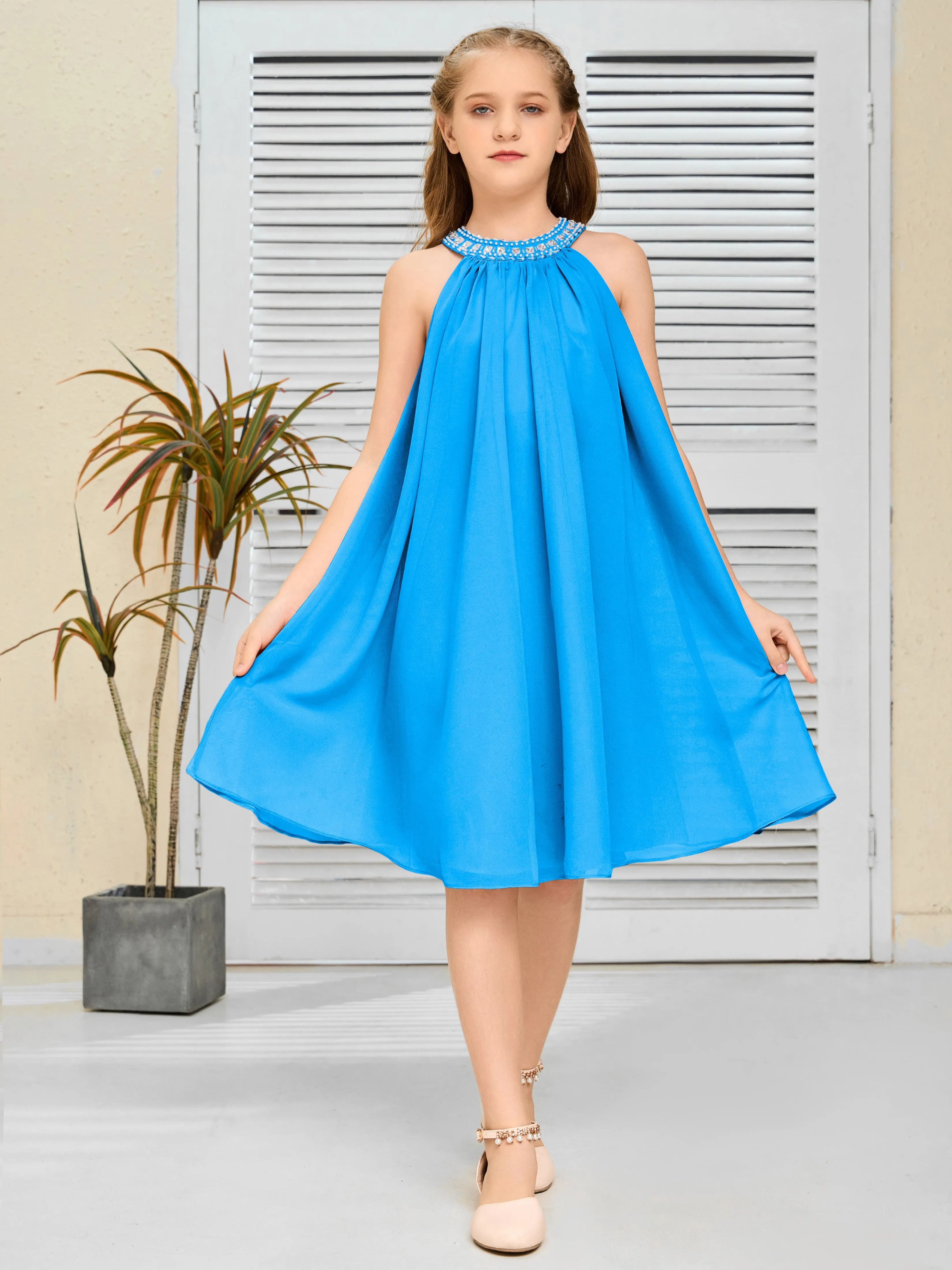 Jewel Knee Length Chiffon Junior Bridesmaid Dress With Beading