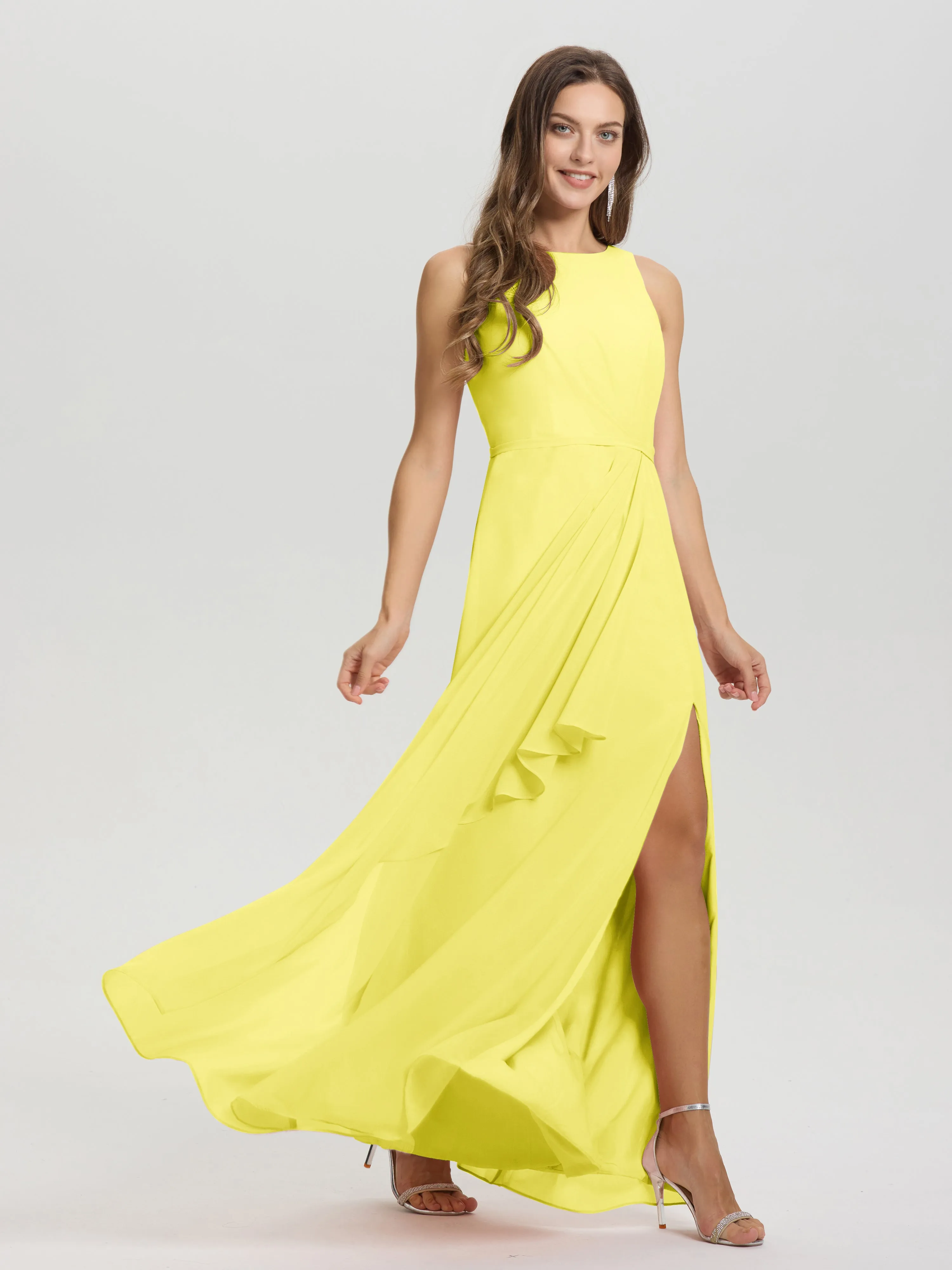 Jewel Sleeveless Ruched Floor Length Split Chiffon Bridesmaid Dresses