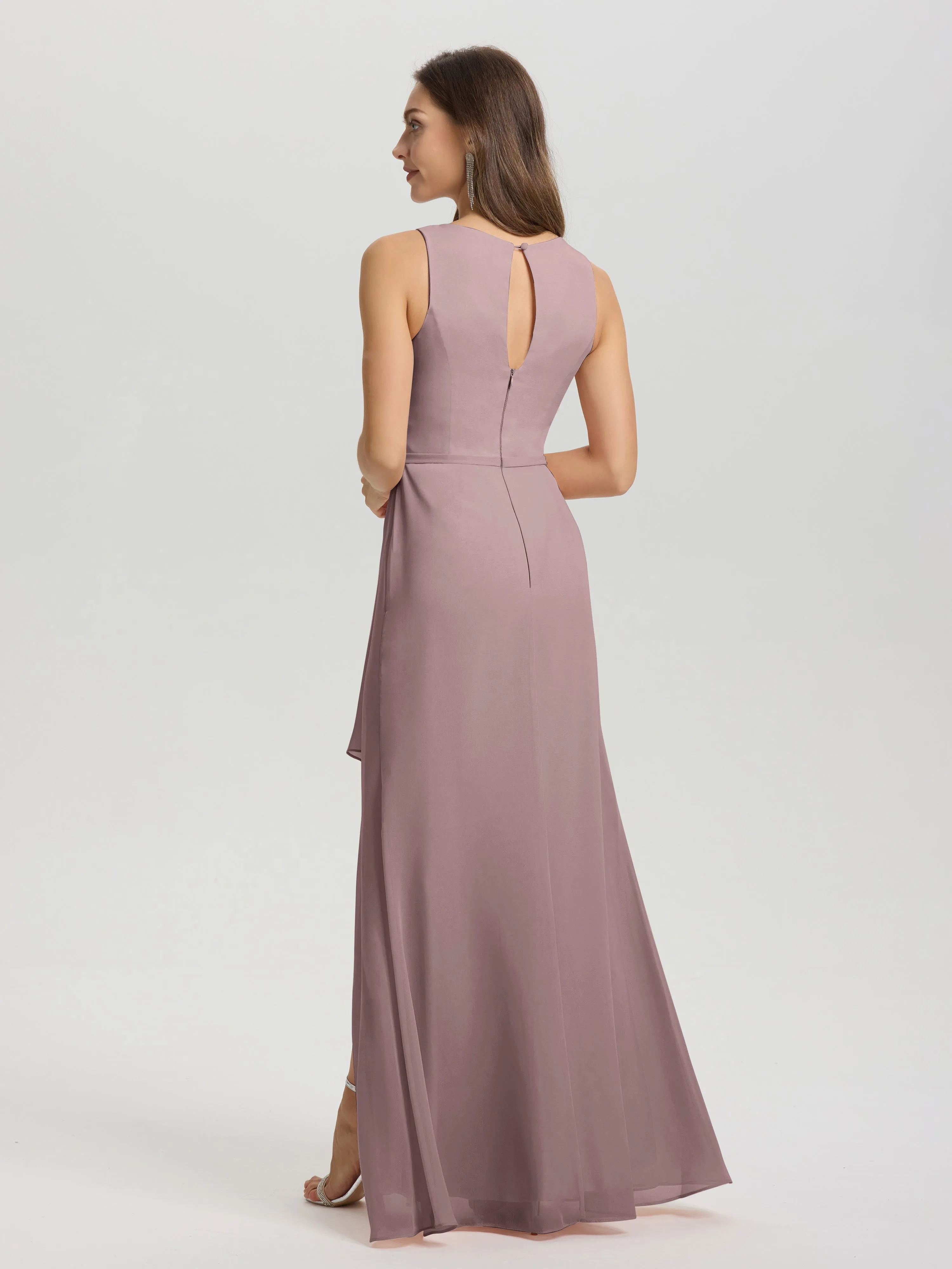 Jewel Sleeveless Ruched Floor Length Split Chiffon Bridesmaid Dresses