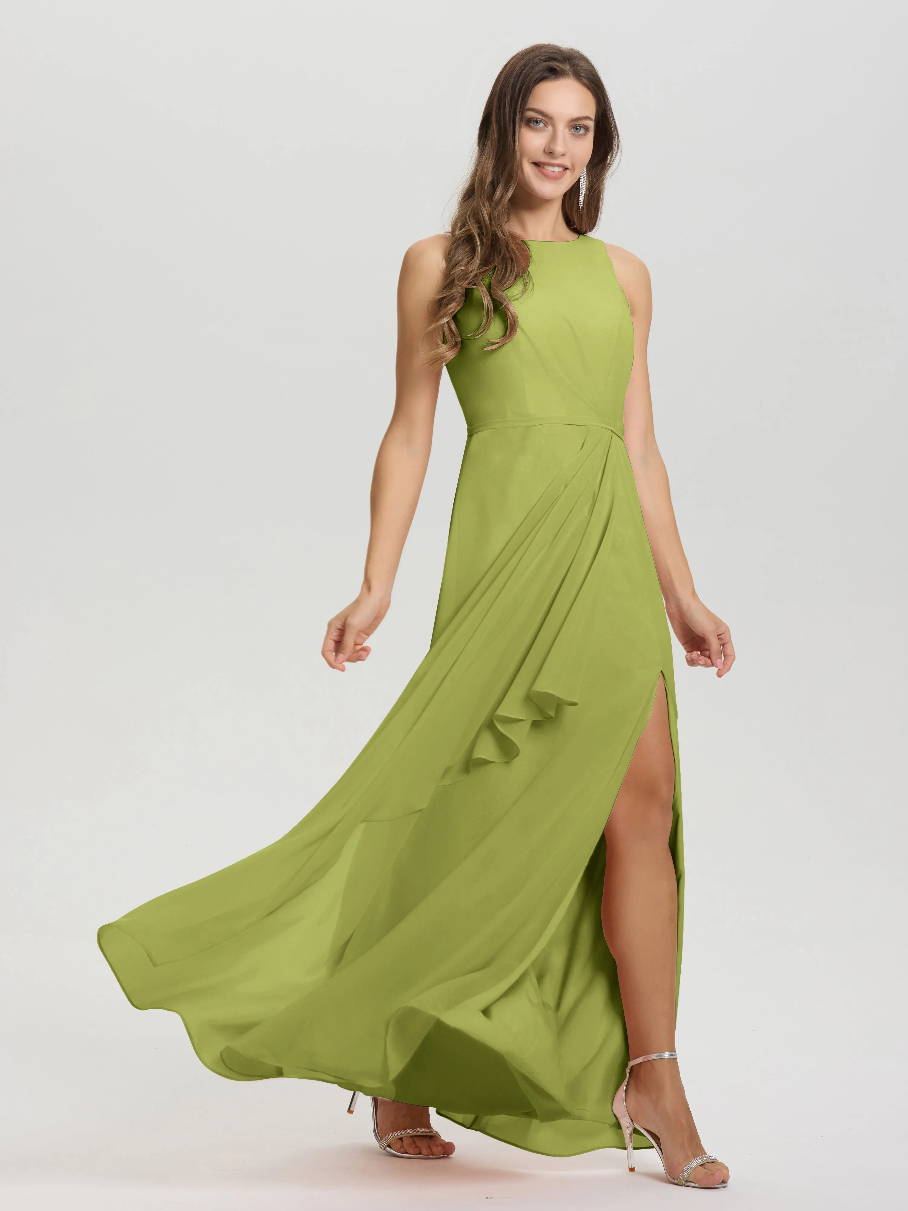 Jewel Sleeveless Ruched Floor Length Split Chiffon Bridesmaid Dresses