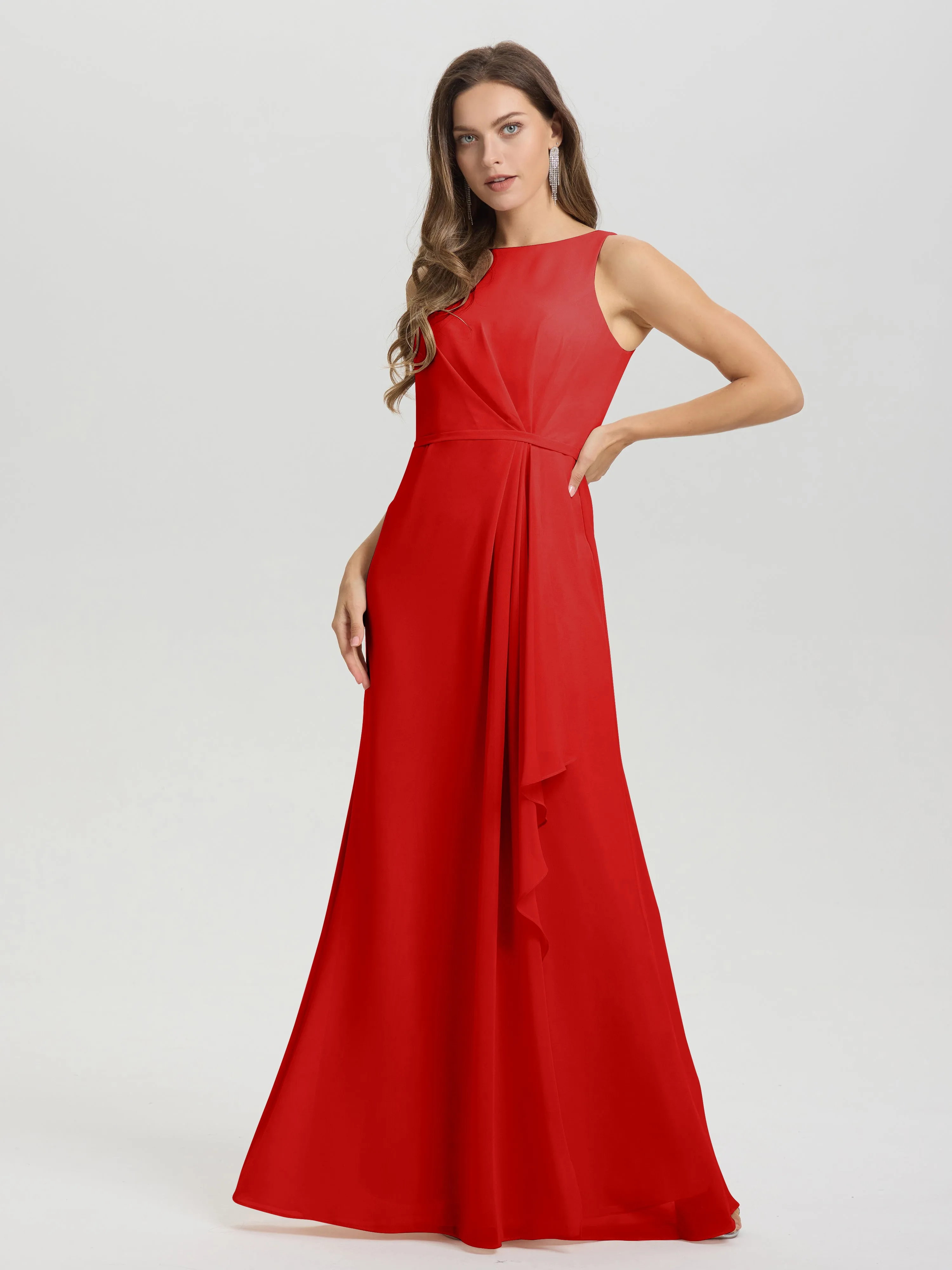 Jewel Sleeveless Ruched Floor Length Split Chiffon Bridesmaid Dresses