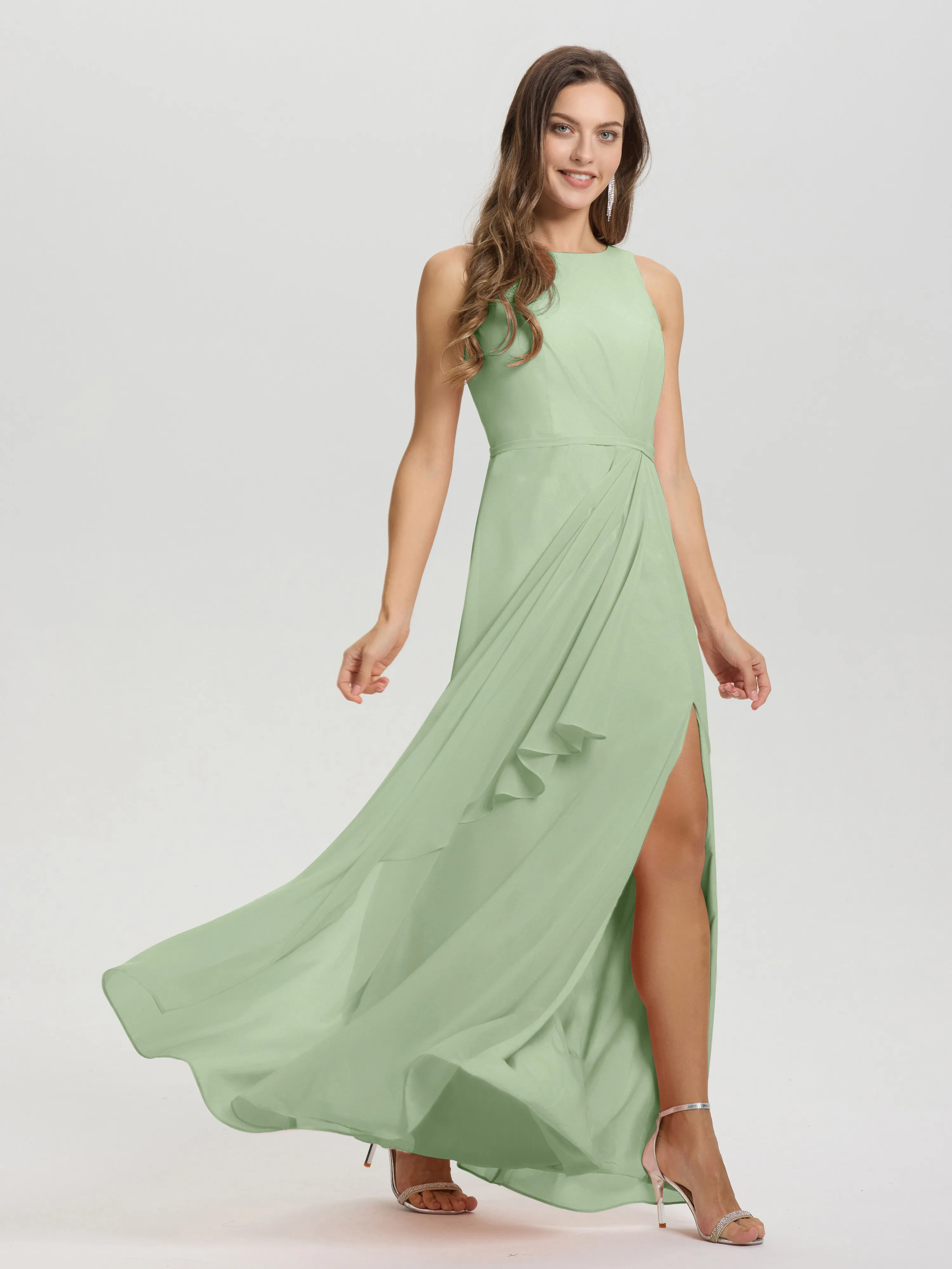 Jewel Sleeveless Ruched Floor Length Split Chiffon Bridesmaid Dresses