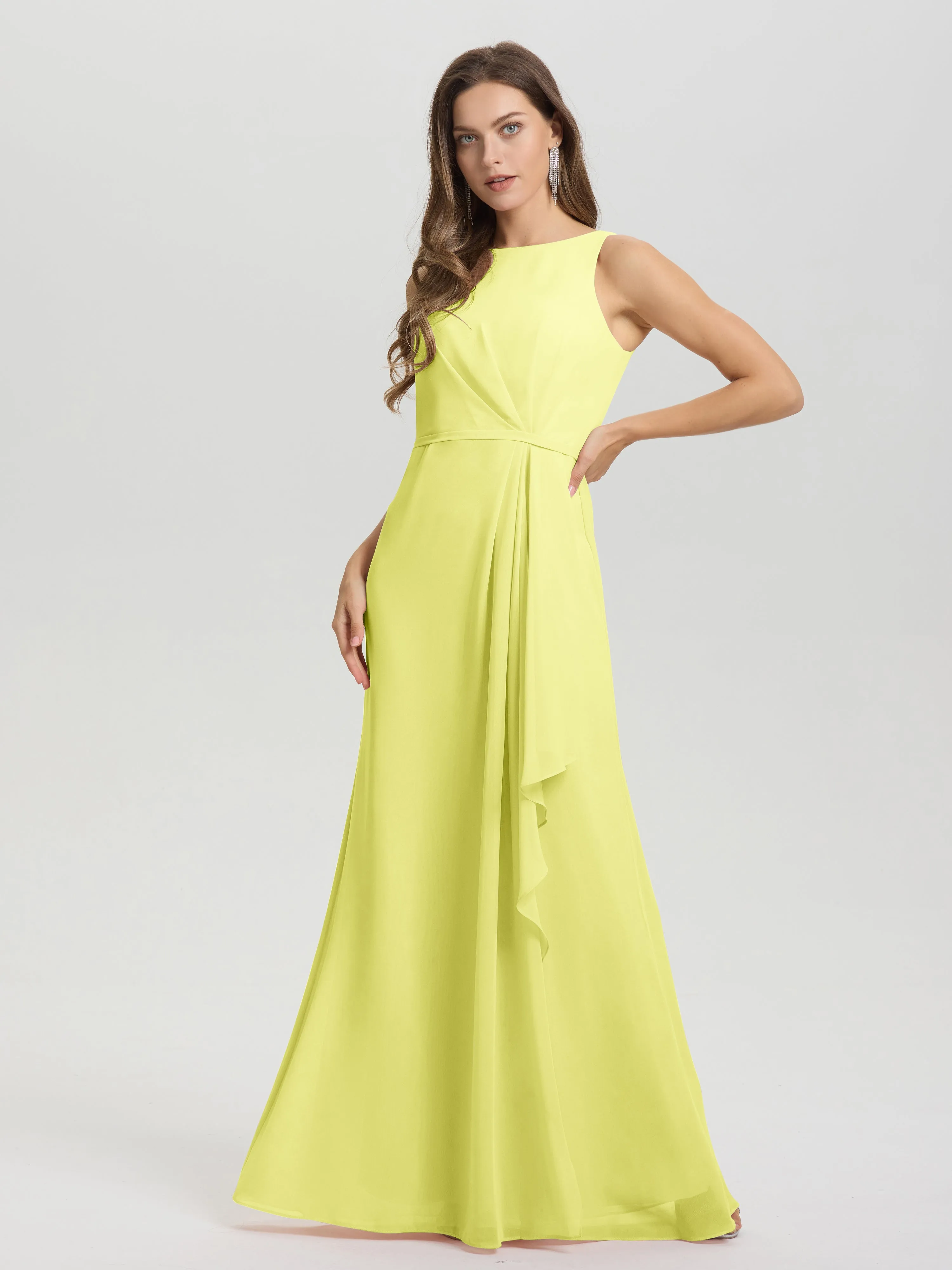 Jewel Sleeveless Ruched Floor Length Split Chiffon Bridesmaid Dresses