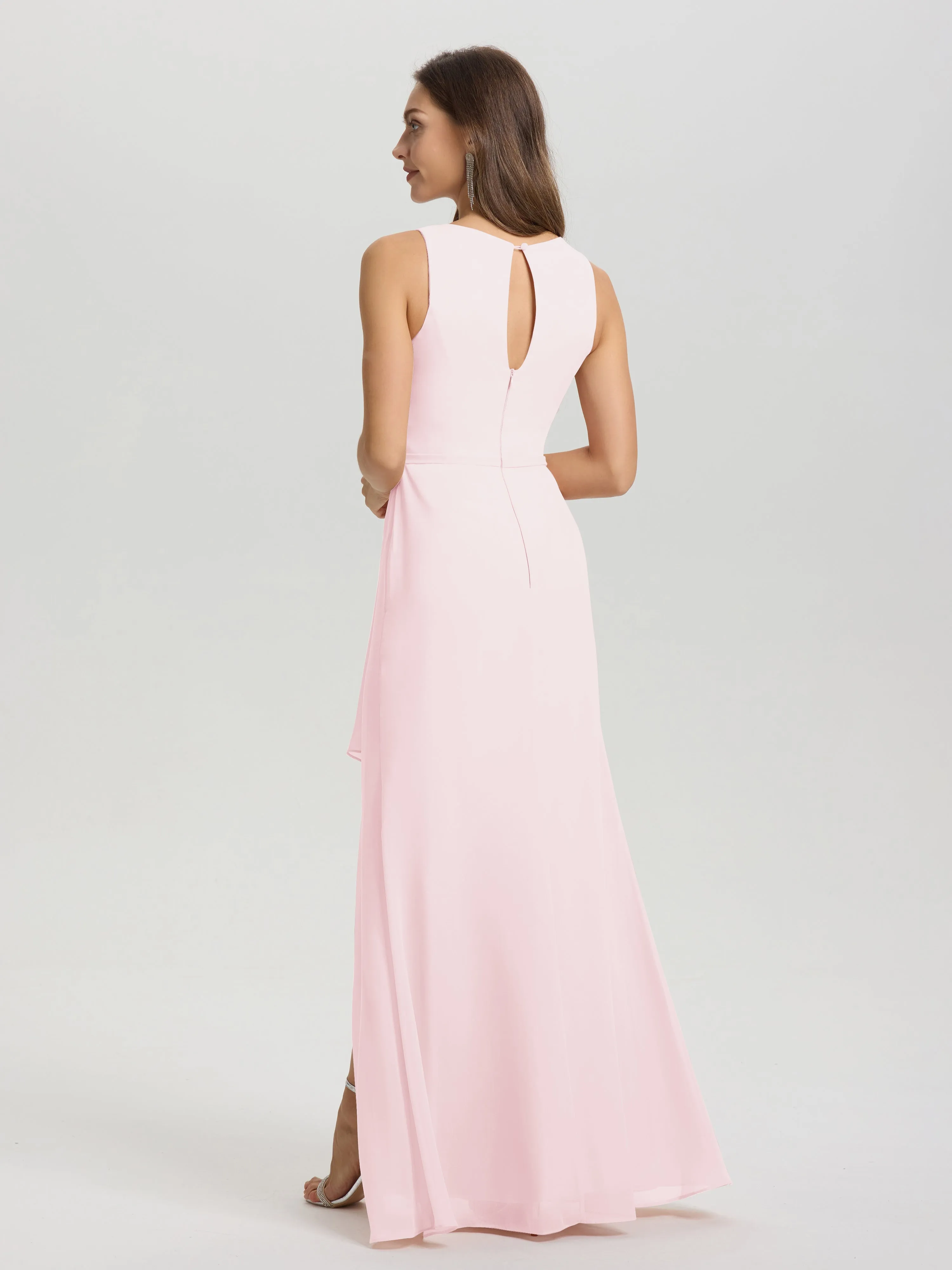 Jewel Sleeveless Ruched Floor Length Split Chiffon Bridesmaid Dresses