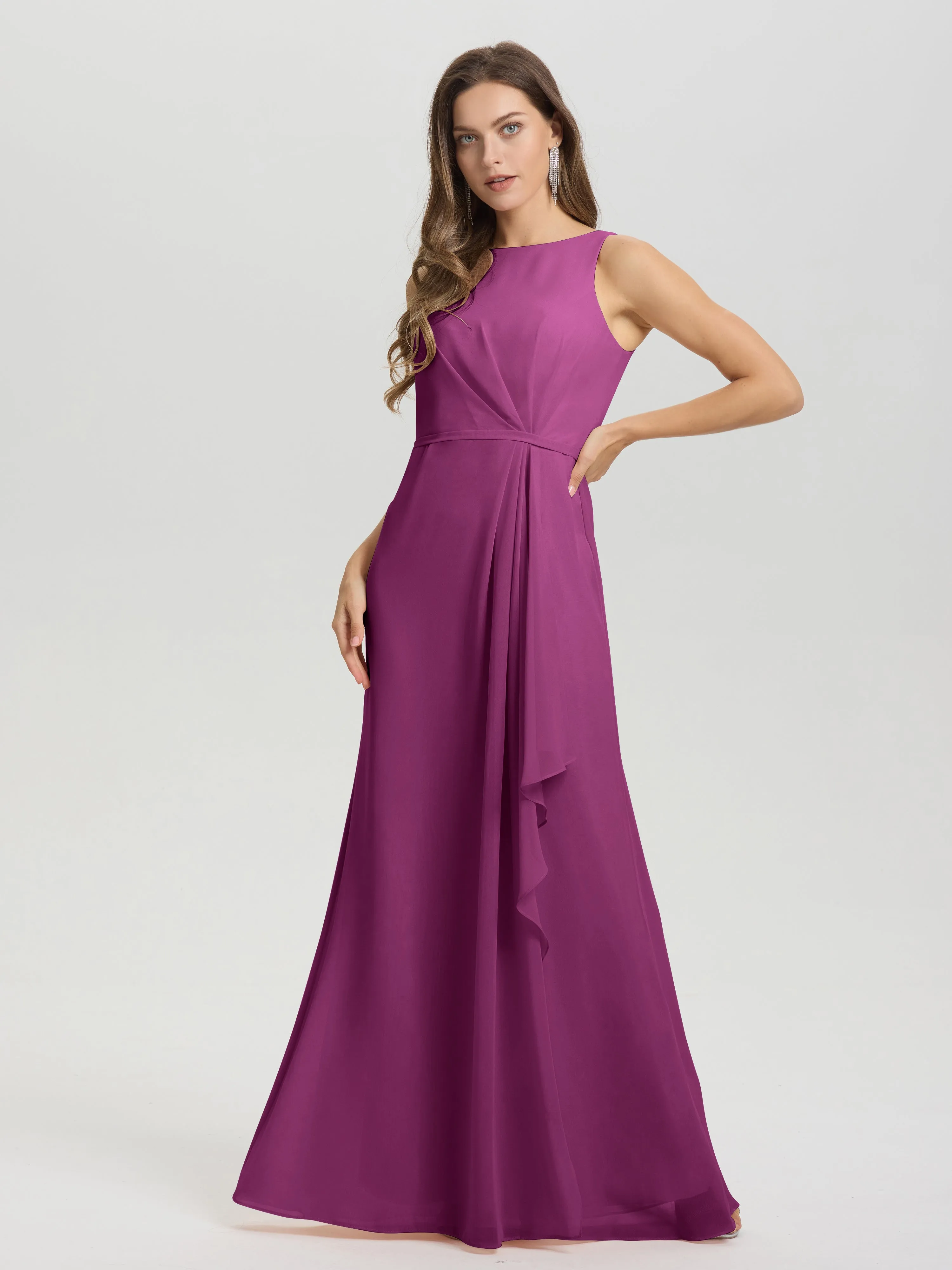 Jewel Sleeveless Ruched Floor Length Split Chiffon Bridesmaid Dresses