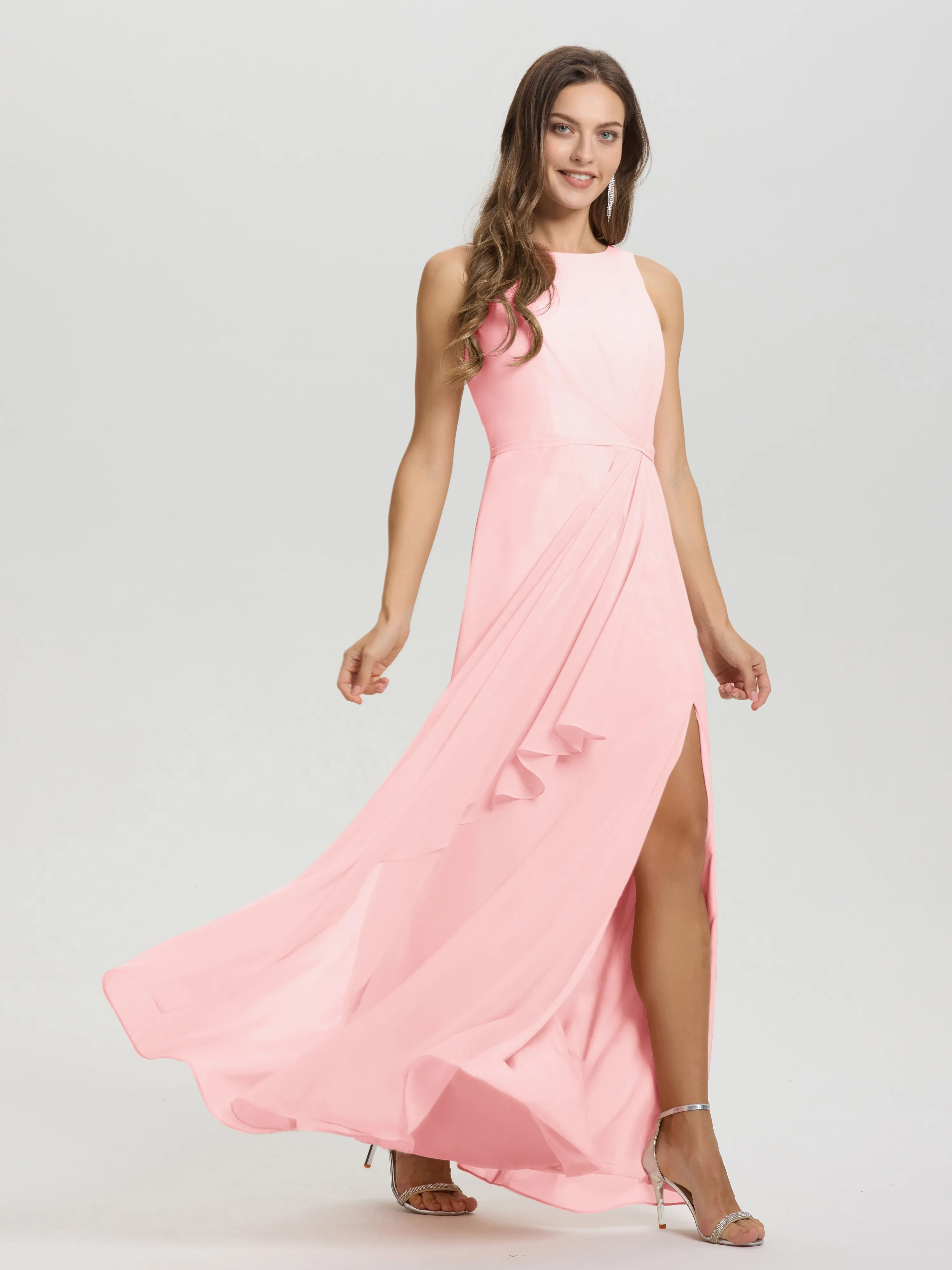 Jewel Sleeveless Ruched Floor Length Split Chiffon Bridesmaid Dresses