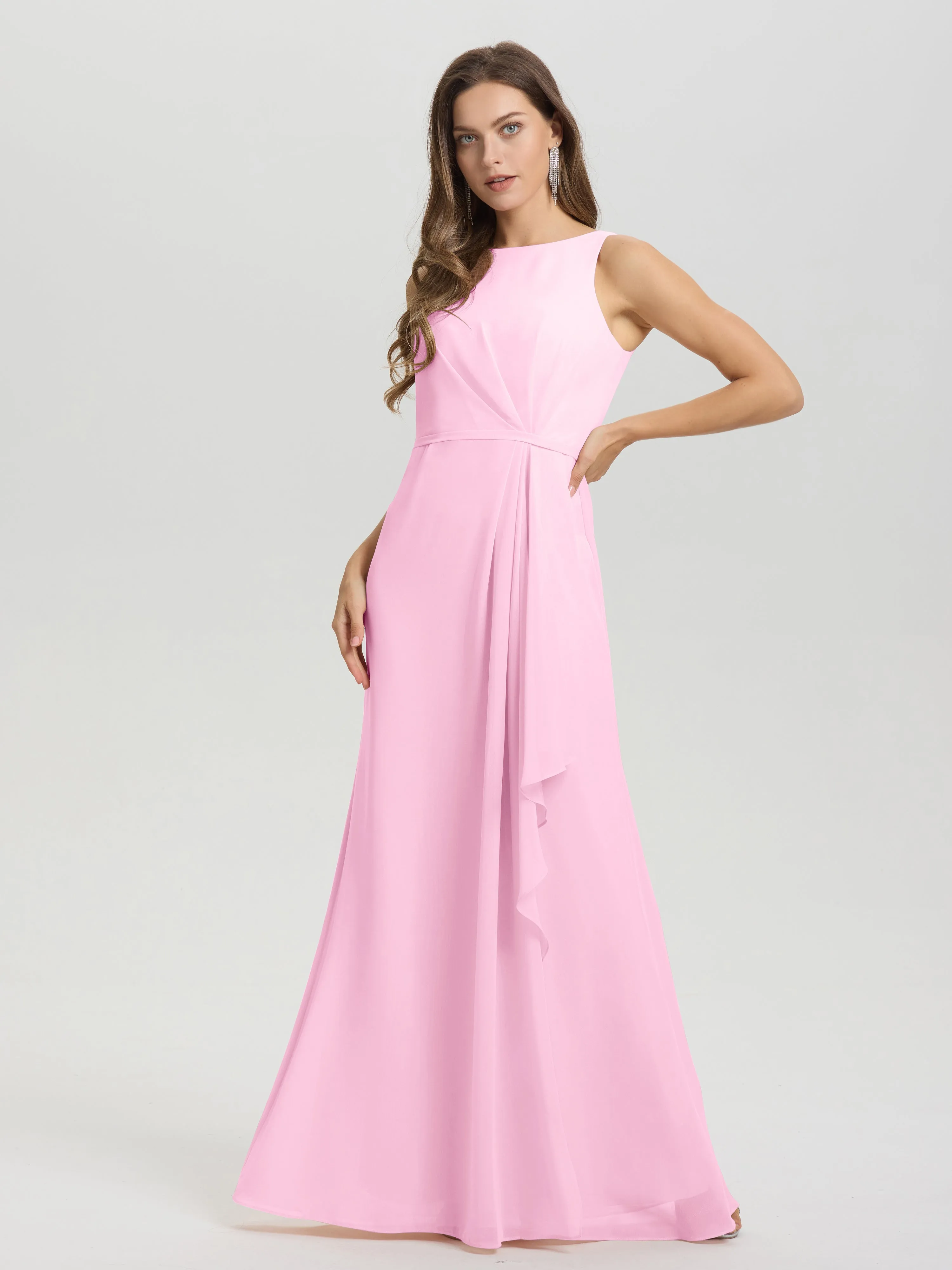 Jewel Sleeveless Ruched Floor Length Split Chiffon Bridesmaid Dresses