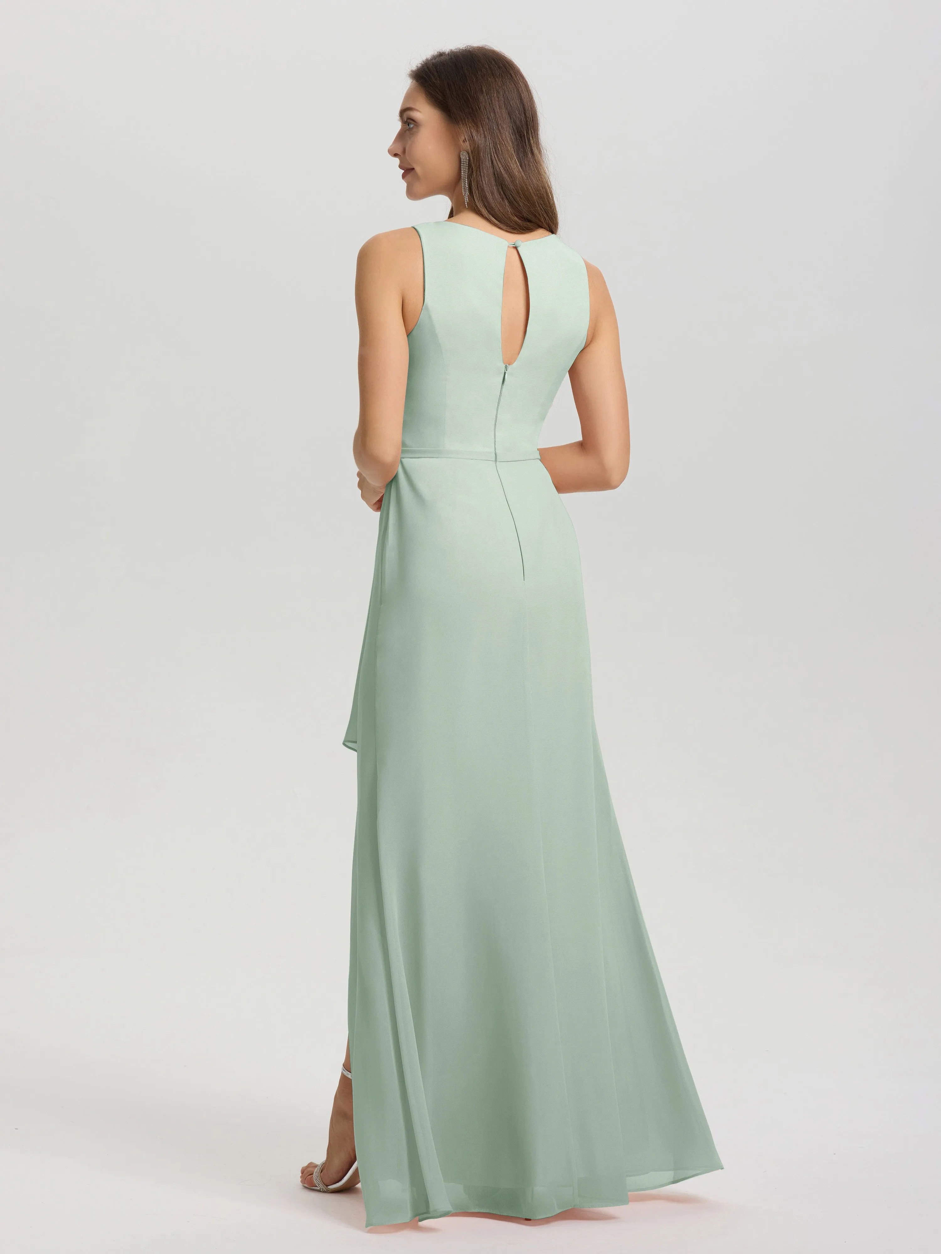 Jewel Sleeveless Ruched Floor Length Split Chiffon Bridesmaid Dresses