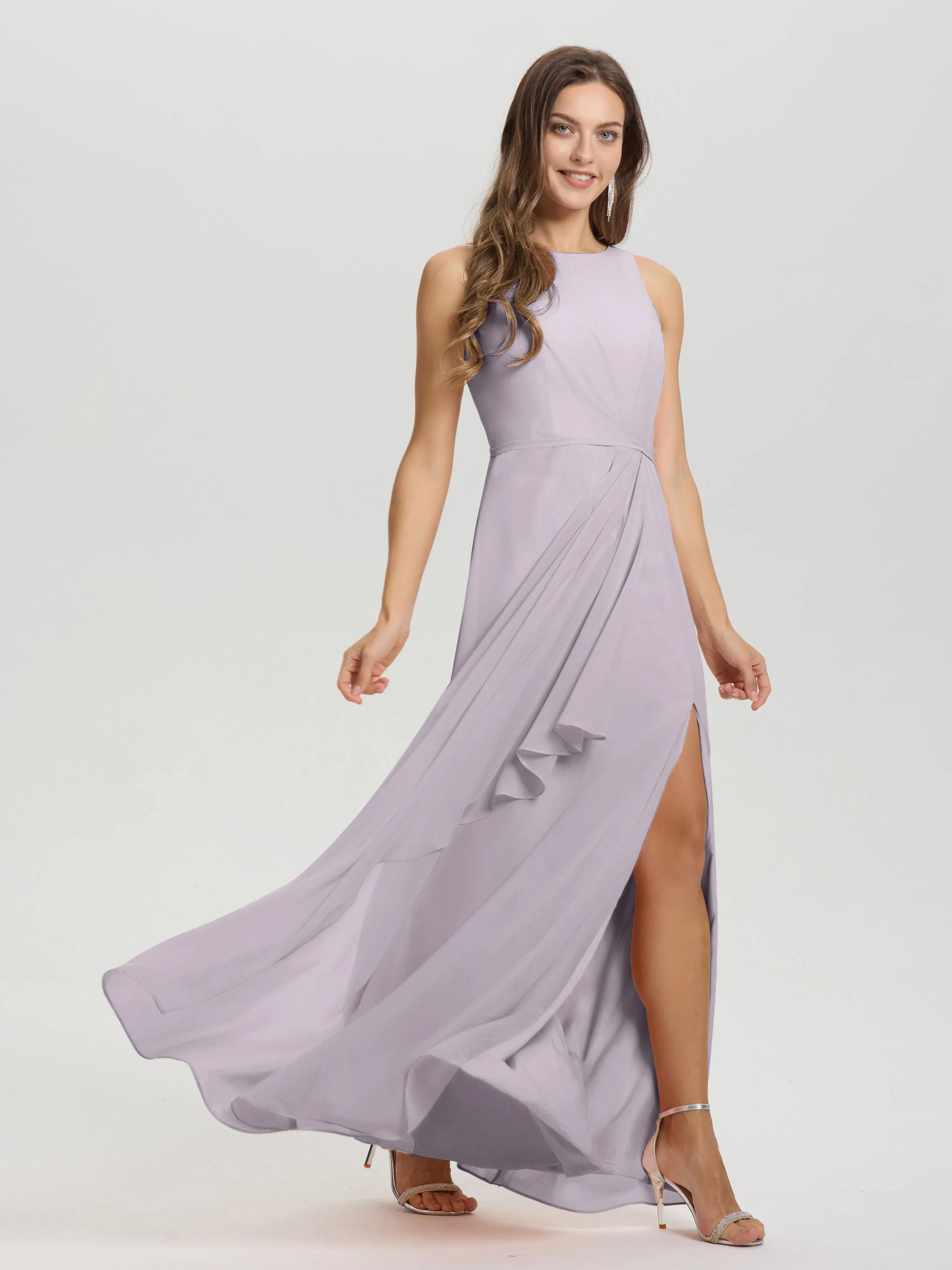 Jewel Sleeveless Ruched Floor Length Split Chiffon Bridesmaid Dresses