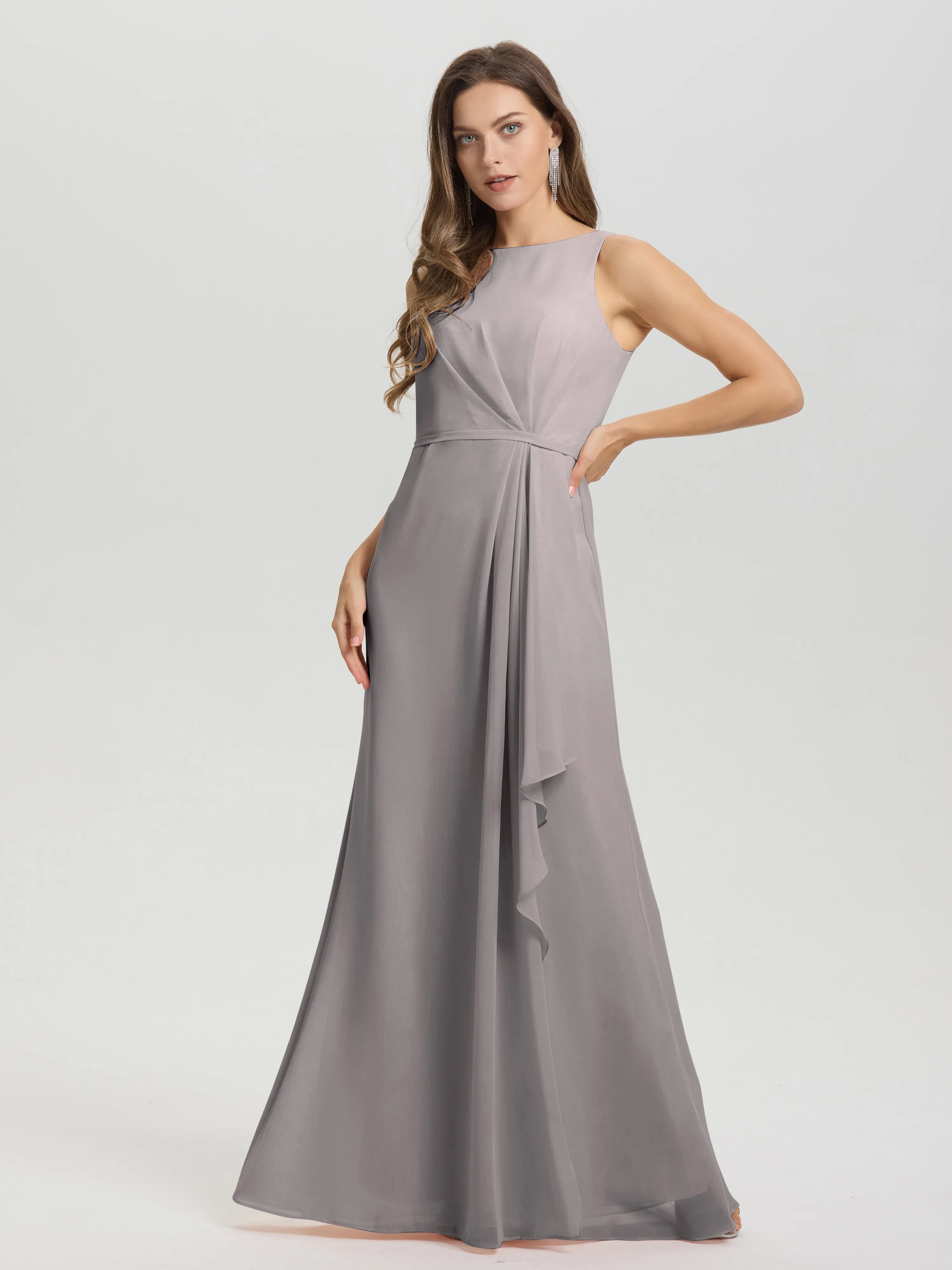 Jewel Sleeveless Ruched Floor Length Split Chiffon Bridesmaid Dresses