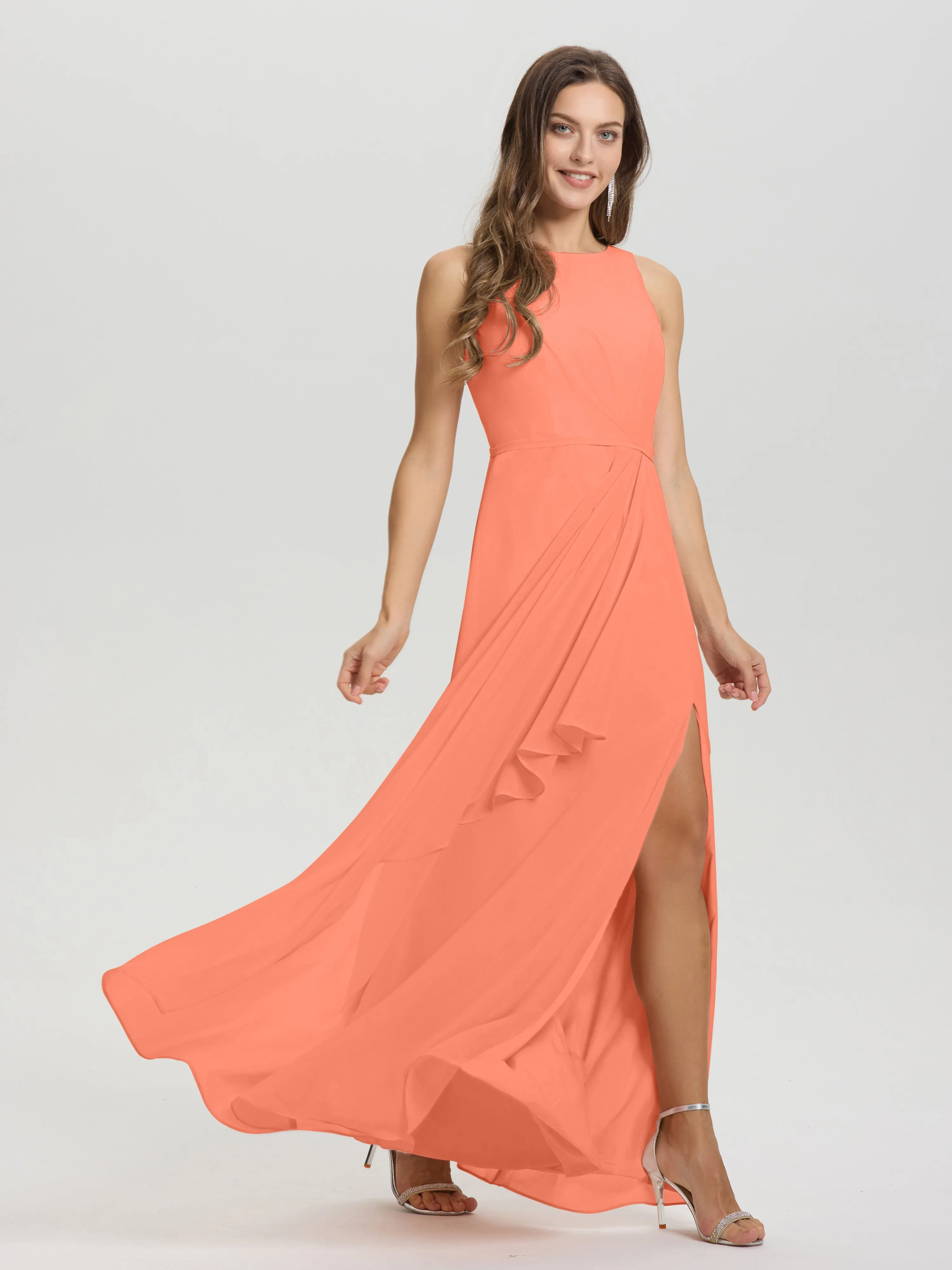 Jewel Sleeveless Ruched Floor Length Split Chiffon Bridesmaid Dresses