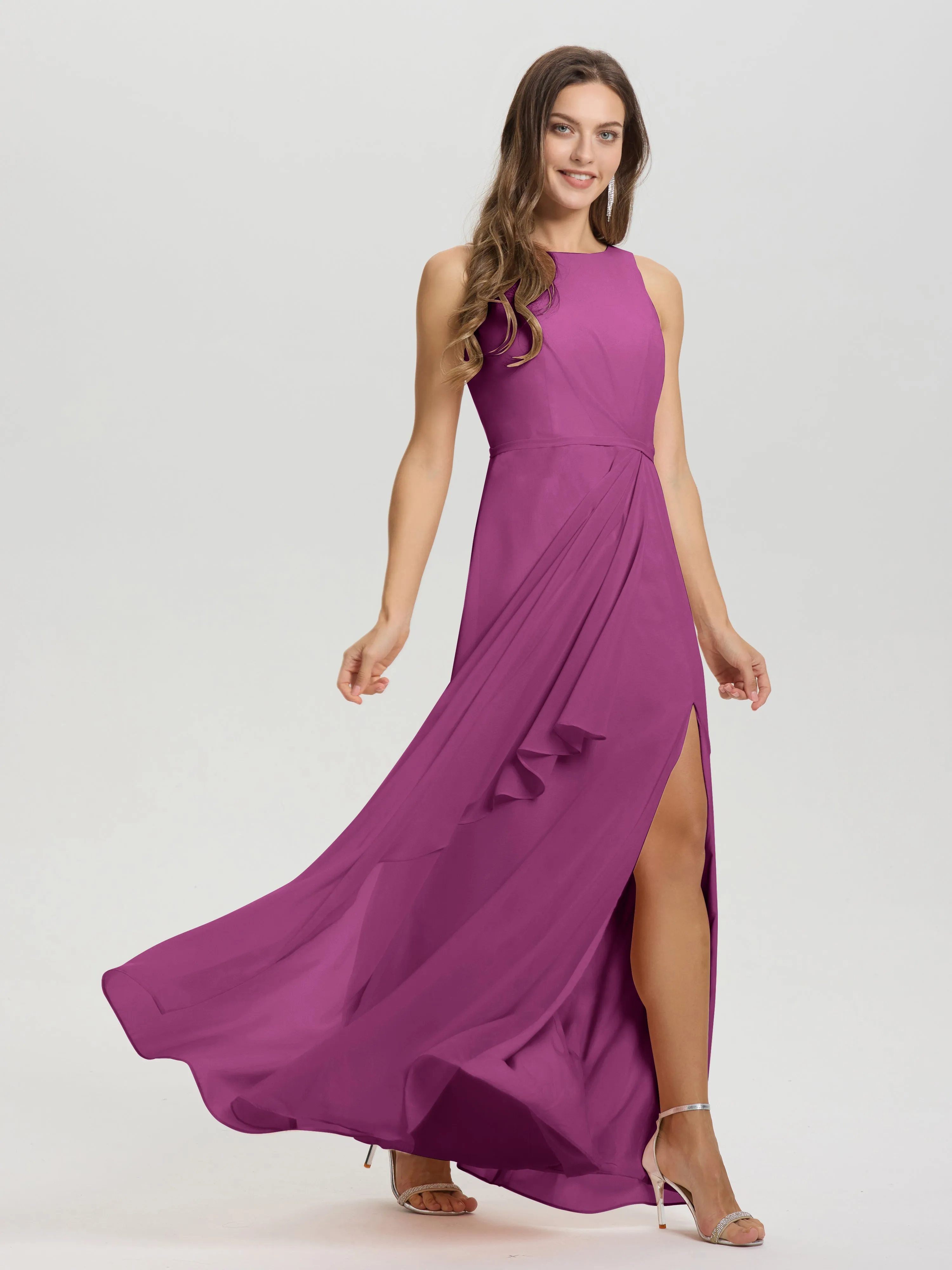 Jewel Sleeveless Ruched Floor Length Split Chiffon Bridesmaid Dresses