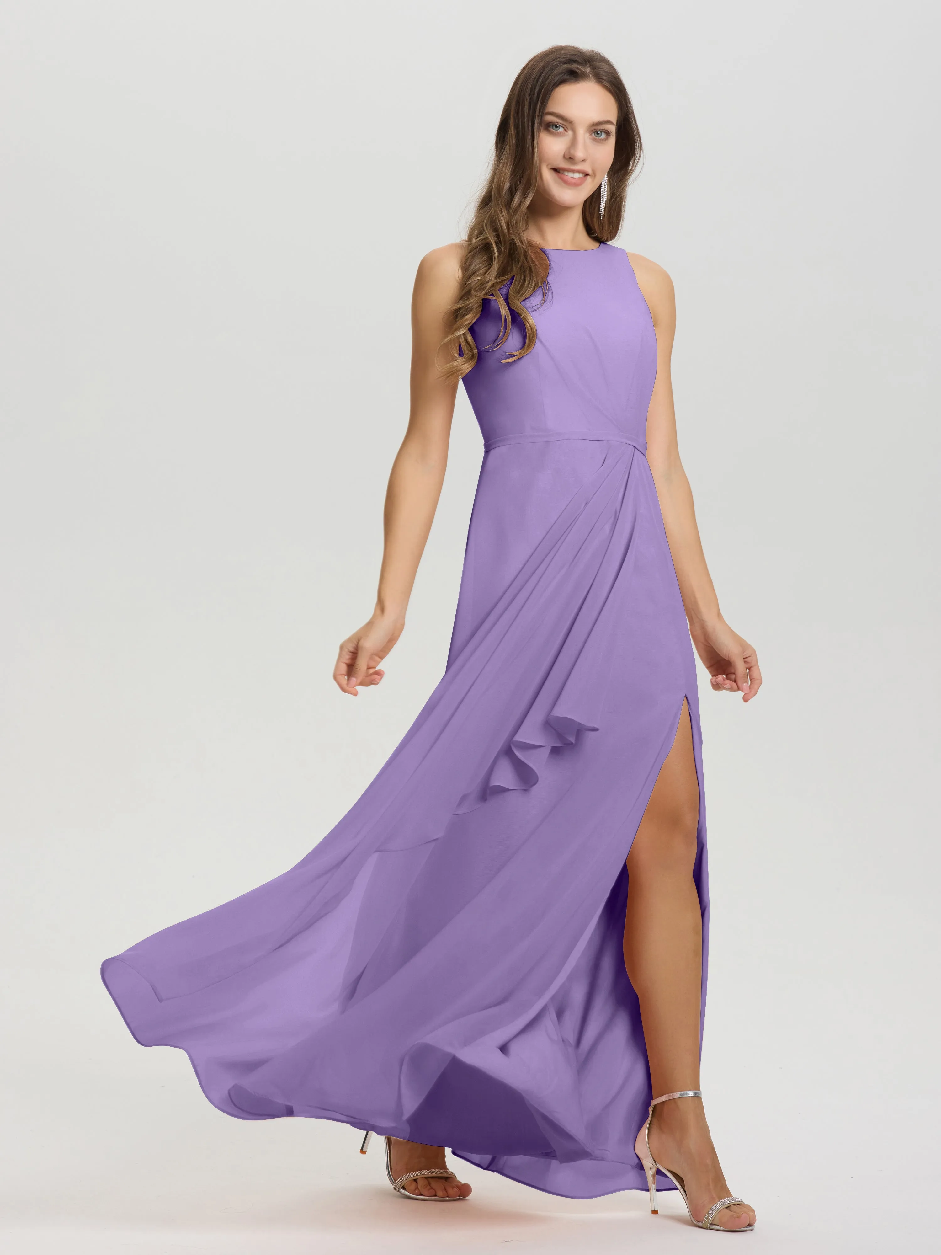 Jewel Sleeveless Ruched Floor Length Split Chiffon Bridesmaid Dresses