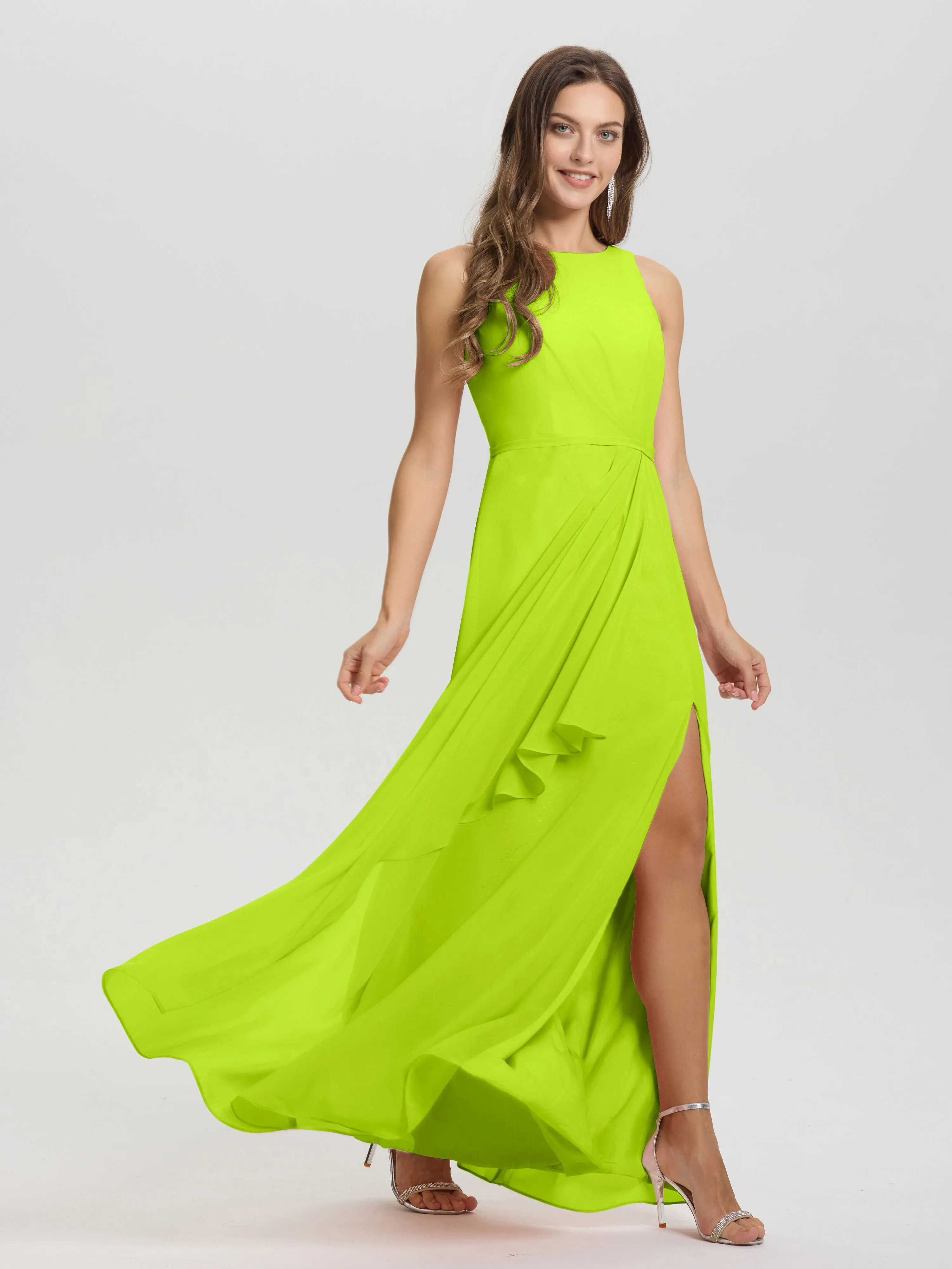 Jewel Sleeveless Ruched Floor Length Split Chiffon Bridesmaid Dresses