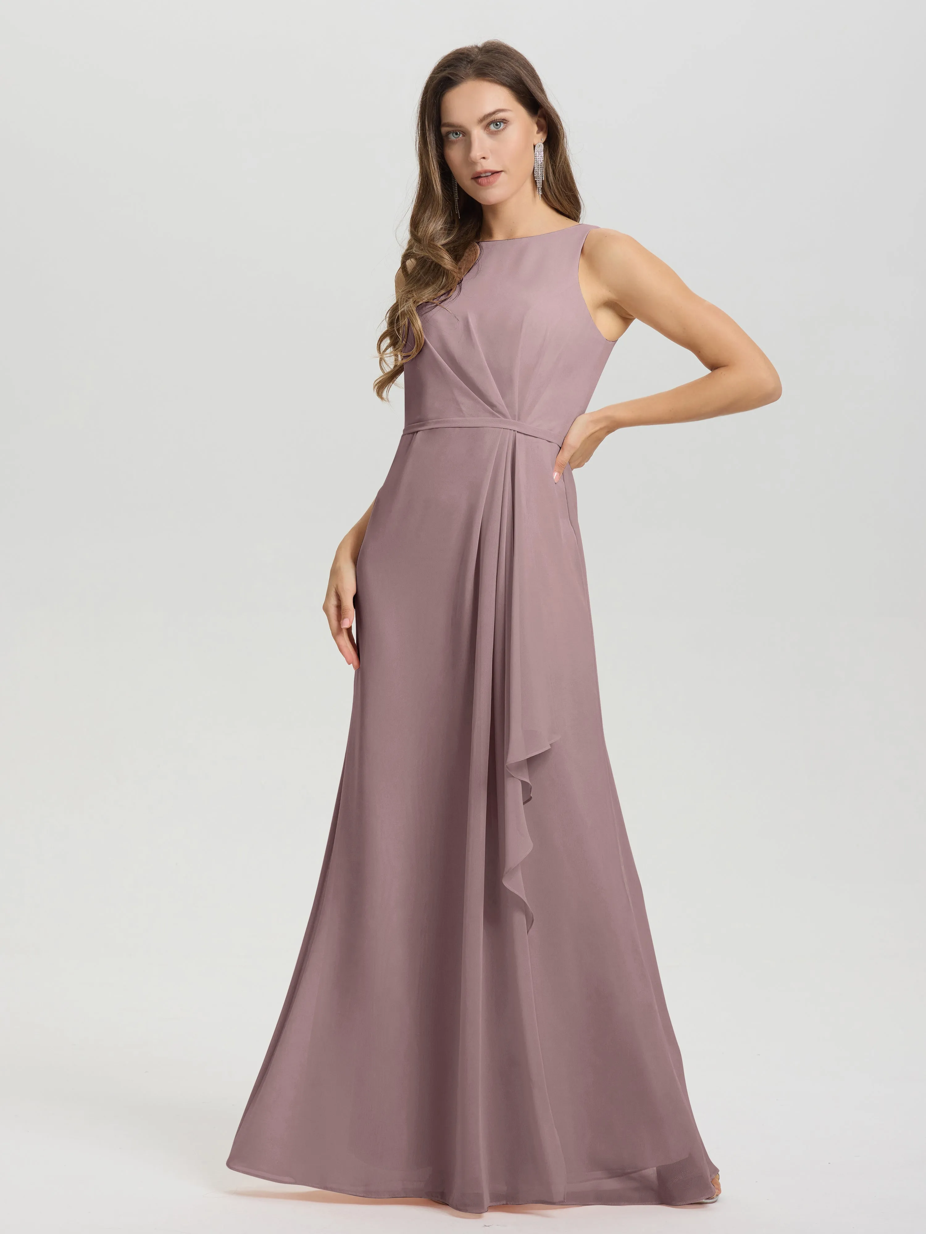 Jewel Sleeveless Ruched Floor Length Split Chiffon Bridesmaid Dresses